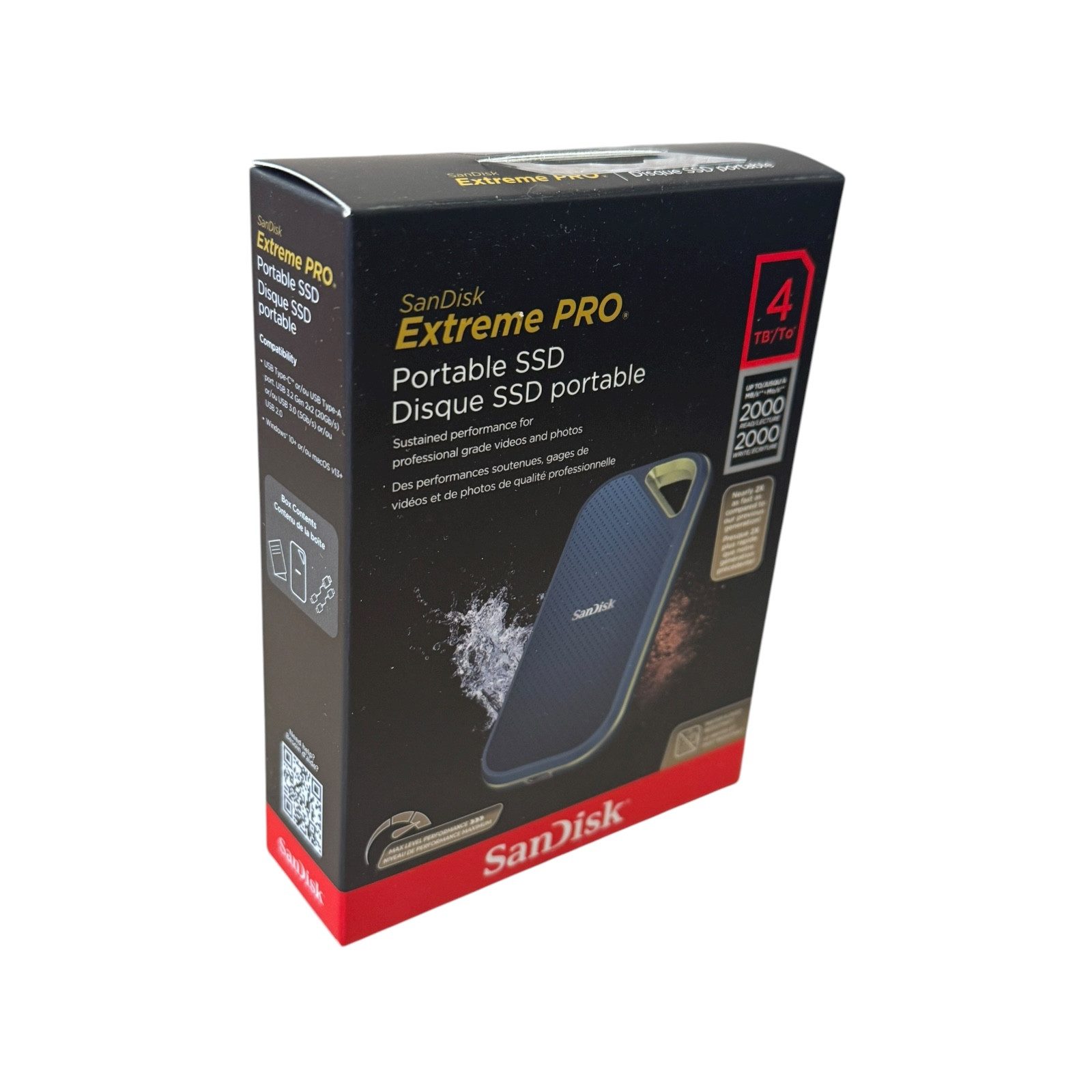 Sandisk SanDisk Extreme PRO Portable SSD 4 TB 2,5 Zoll, 2.000 MB/s externe SSD (4 TB) Flach, rechteckig, sehr handlich – etwa in der Größe einer kleinen Powerbank" 2000 MB/S Lesegeschwindigkeit, bis zu 2000 MB/s MB/S Schreibgeschwindigkeit, Übertragungsgeschwindigkeit bis zu 2000 MB/s, IP65‑Schutzklasse