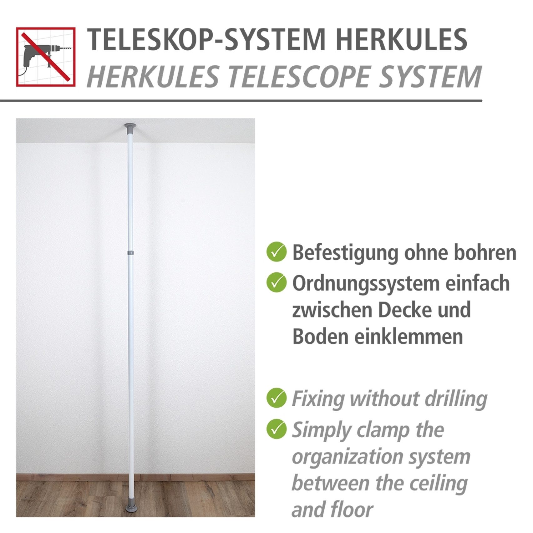 WENKO Teleskopregal Modell Herkules, ausziehbare Hauptstange 165-300 cm, passend zur WENKO Herkules-Serie