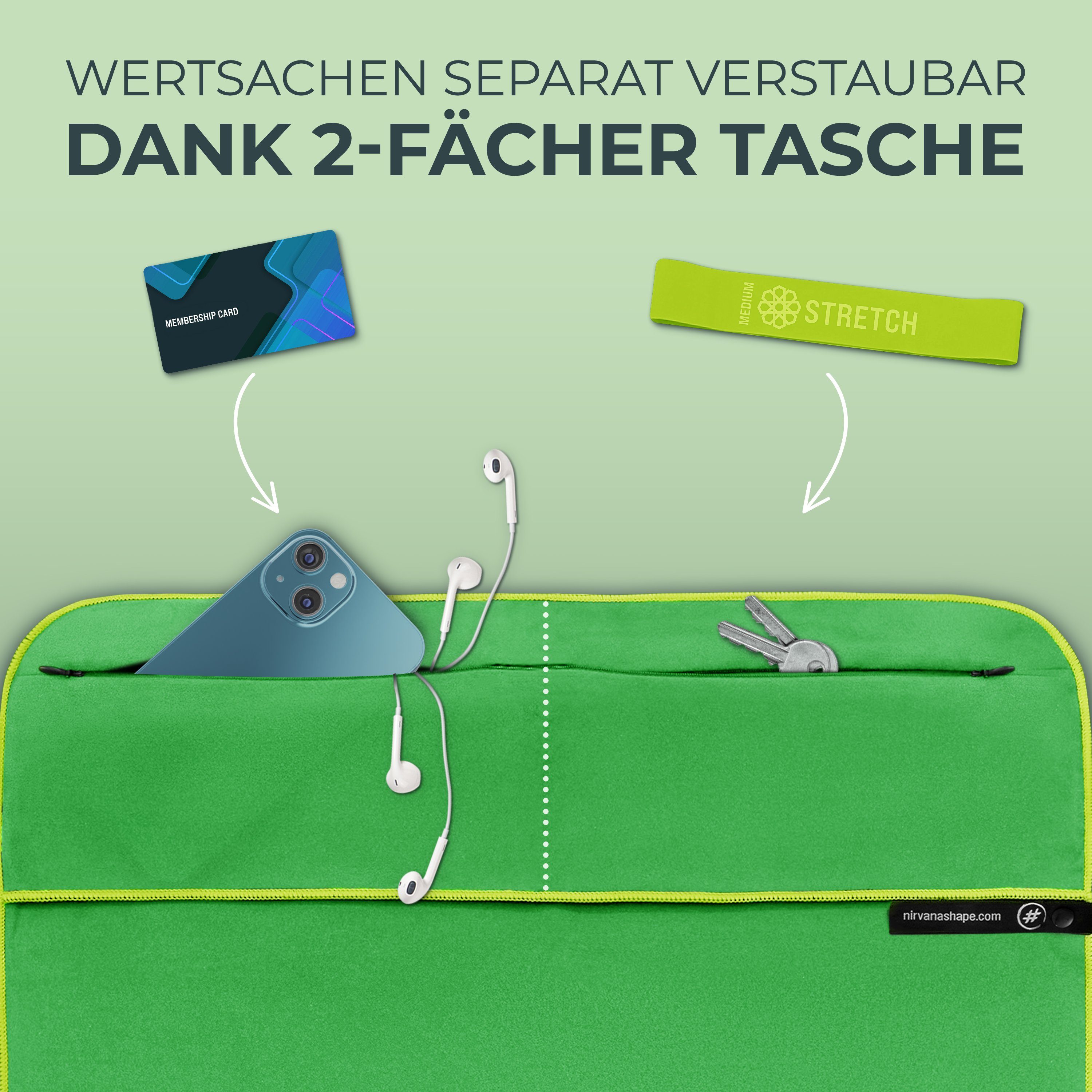 NirvanaShape Sporthandtuch Fitness-Handtuch mit Magnet-Clip, Mikrofaser Sporthandtuch, Microfaser, 2x Reißverschlusstaschen & Funktionaler Geräteüberzug, Ultra-Saugfähig