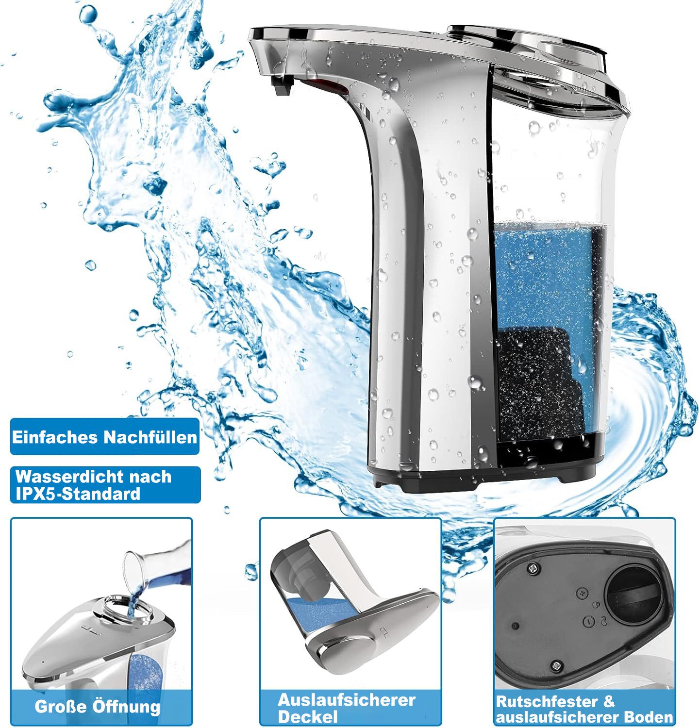 Futicare Seifenspender Automatischer Seifenspender mit Infrarotsensor – 500 ml, (5 Stufen einstellbar, berührungslos & IPX5-wasserdicht) – Bild 5 von 5