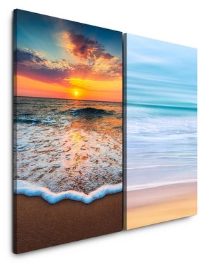 Sinus Art Leinwandbild 2 Bilder je 60x90cm Strand Wellen Meer Sonnenuntergang Beruhigend Entspannend Natur