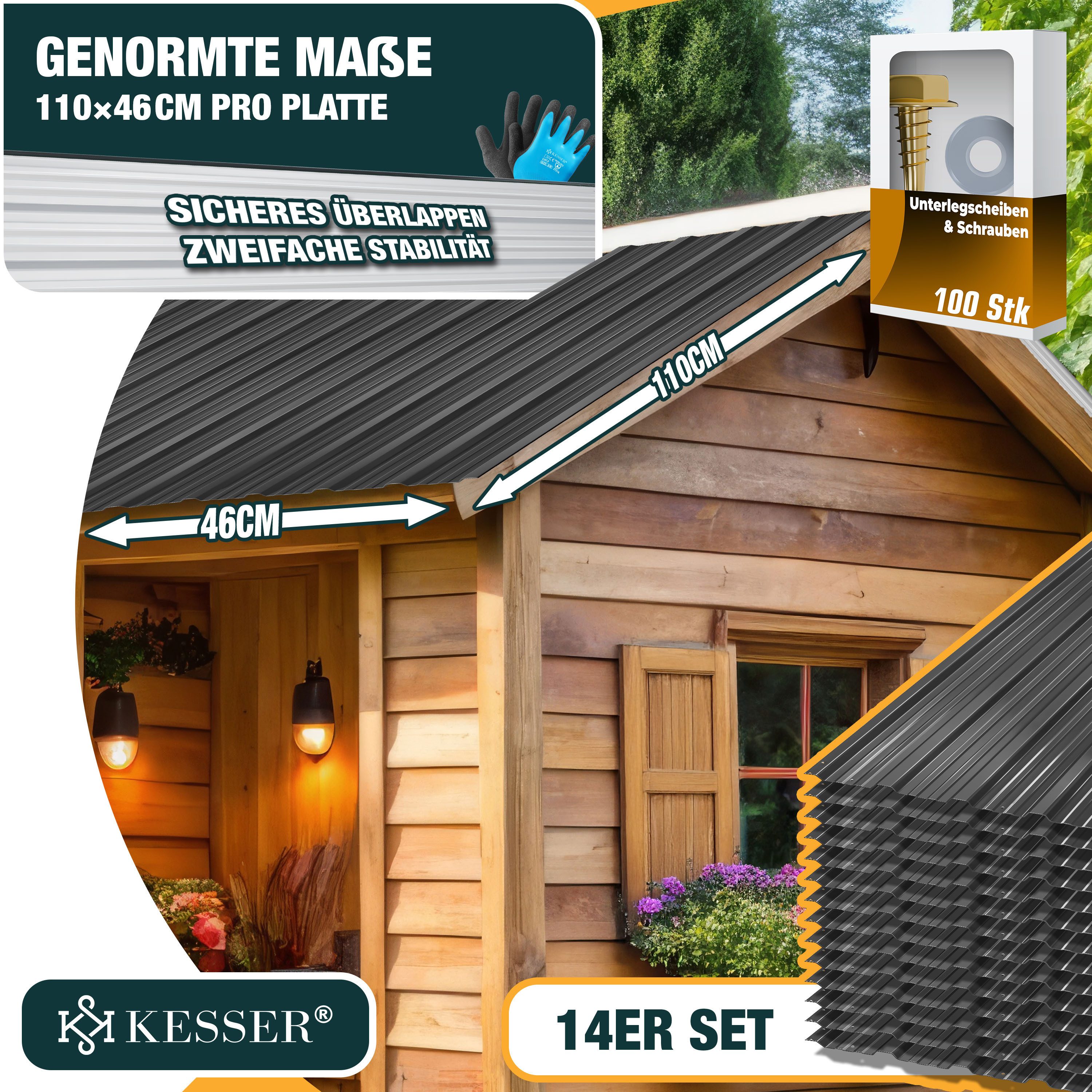 KESSER Trapezblech 14x Profilblech 110cm x 46cm = 7 m², Metall, (14er Set Dachbleche für Gerätehaus inklusive Montagehandschuhe) Dachplatten aus verzinktem Stahl 0,25mm