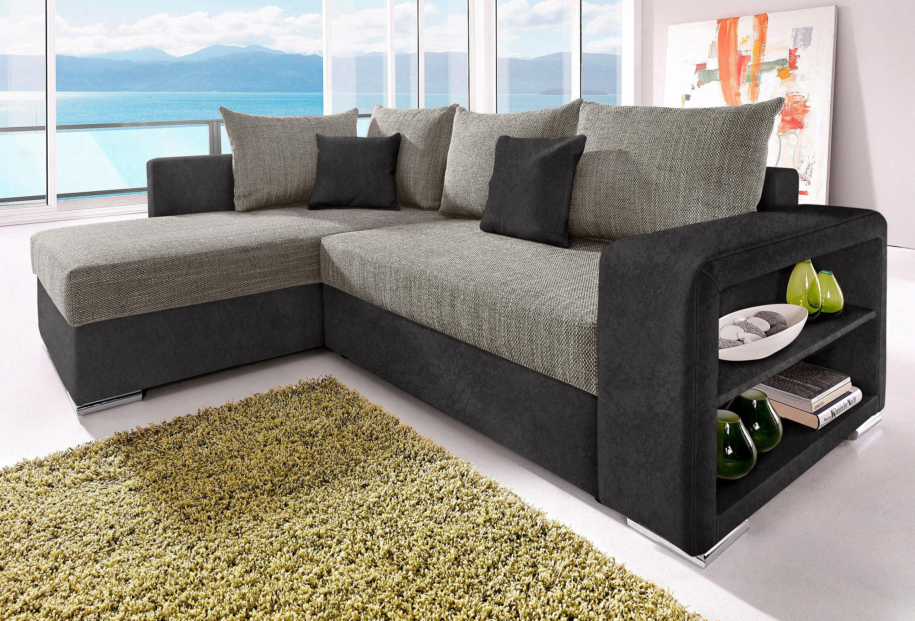 COLLECTION AB Ecksofa John L-Form, B: 226 cm, Schlaffunktion, Bettkasten, Regalelement & 2 Zierkissen