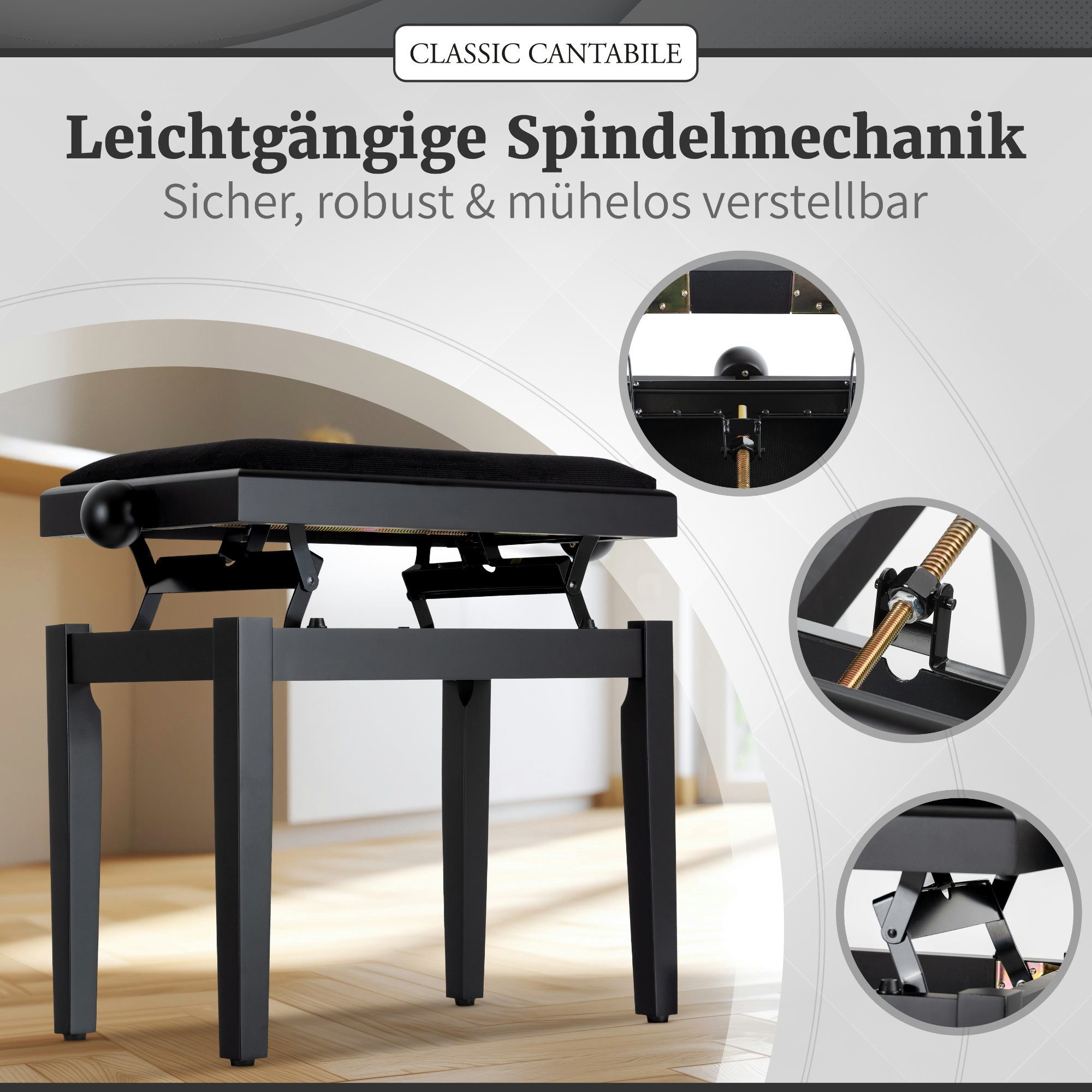 Classic Cantabile Klavierbank Classic Cantabile Pianobank Schwarz Matt (Hochwertiger Sitzkomfort, 1-St., Sitzfläche 55 x 32 cm), Leichtgängige Spindelmechanik – Bild 4 von 5