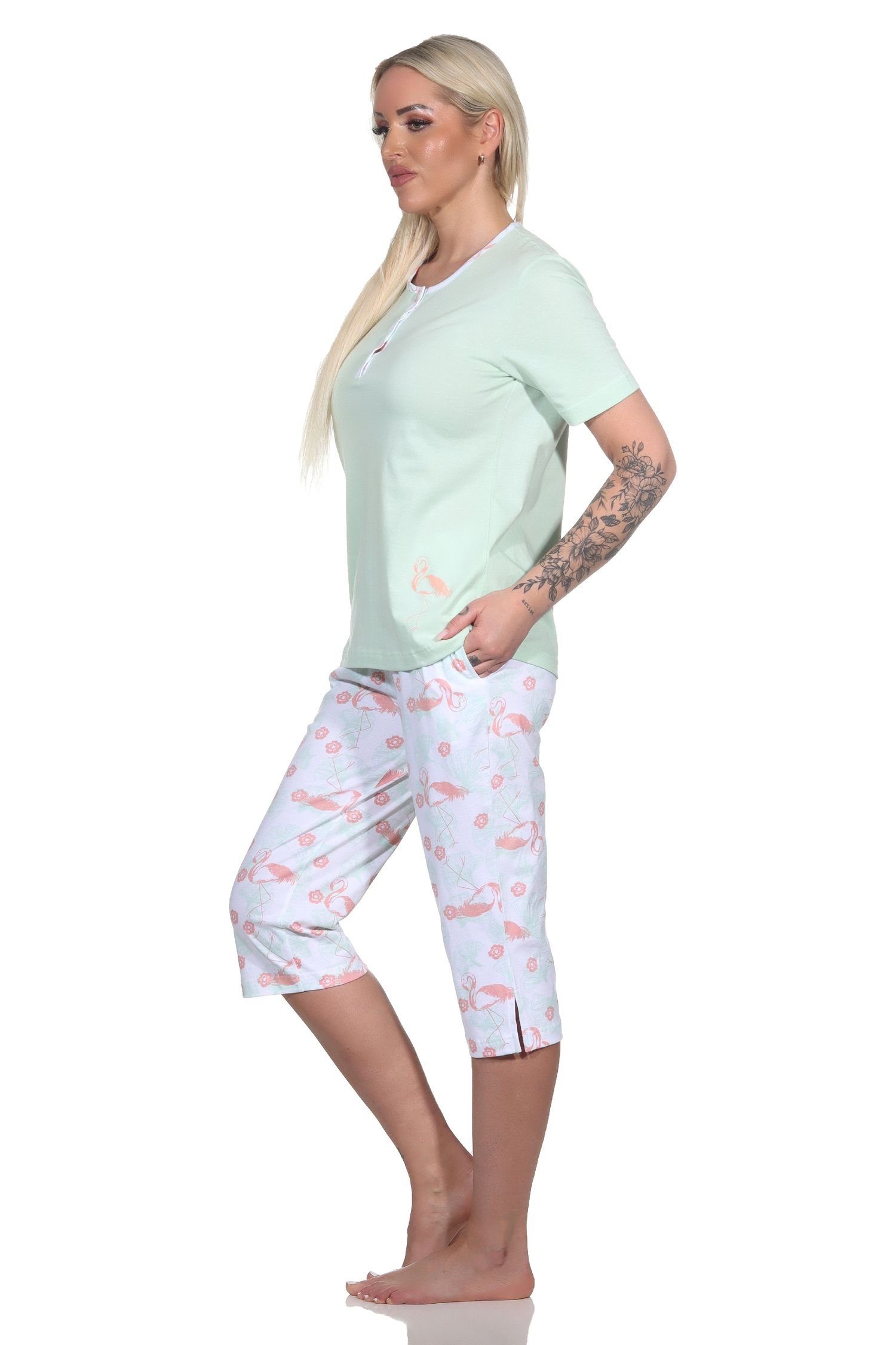 Capri kurzarm Pyjama Schlafanzug Motiv Flamingo Pyjama Damen Normann mit grün