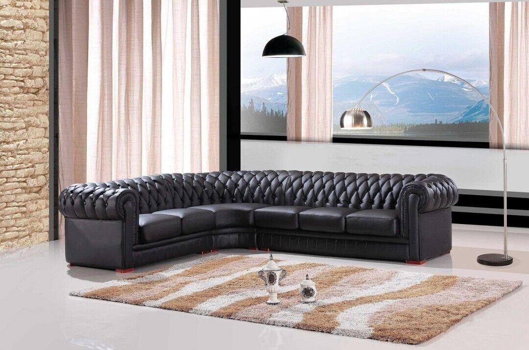 Ecksofa Schwarz Made Couch Leder Sofa 3 JVmoebel Designer Ecksofa Teile, Europa in Sofort, Chesterfield 100%