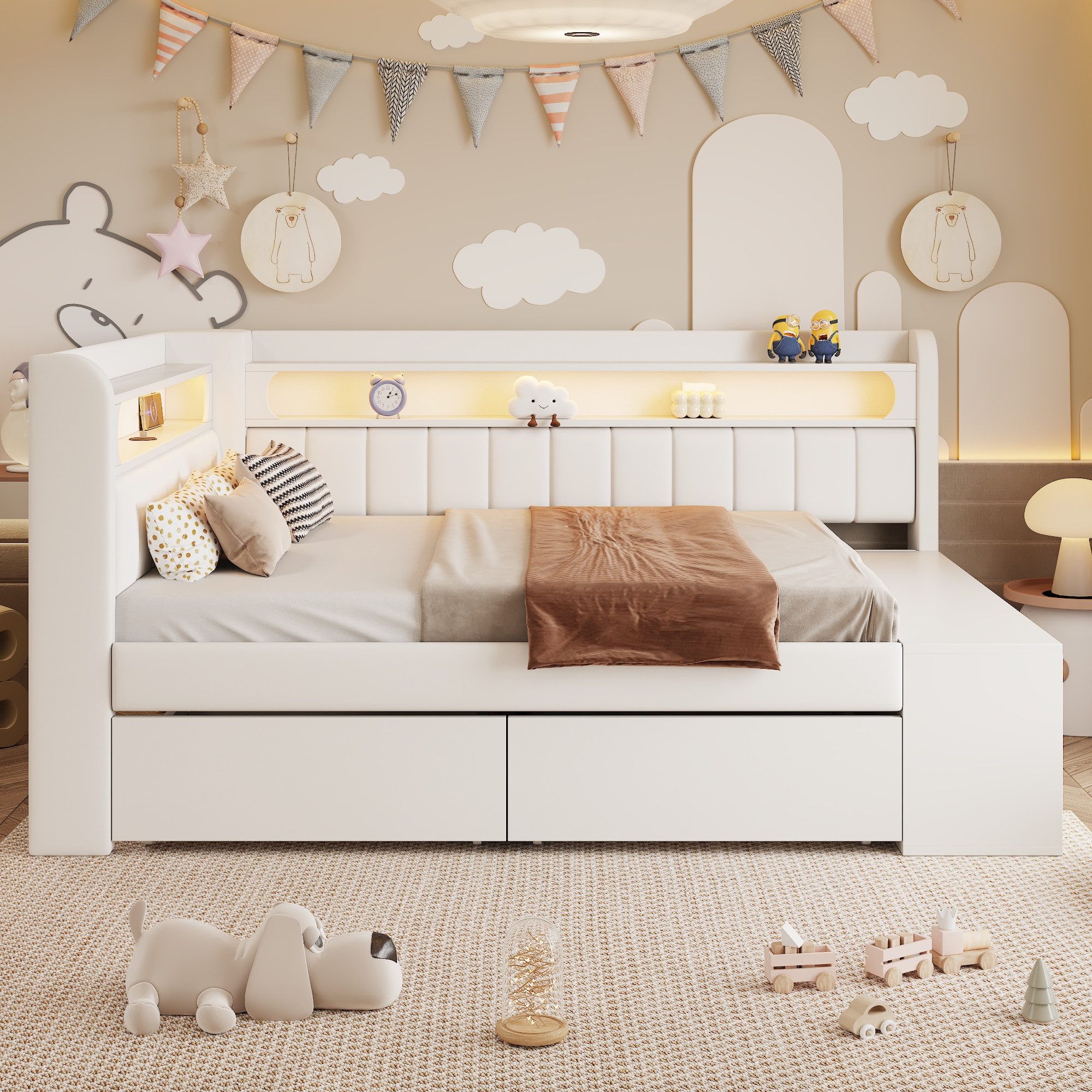 Merax Daybett 90x200cm mit USB-Anschluss & LED-Lichtleiste (Jugendbett Einzelbett Kinderbett, 1 tlg), Schlafsofa Tagesbett mit Schuhschrank, 2 Schubladen & Abla – Bild 3 von 5