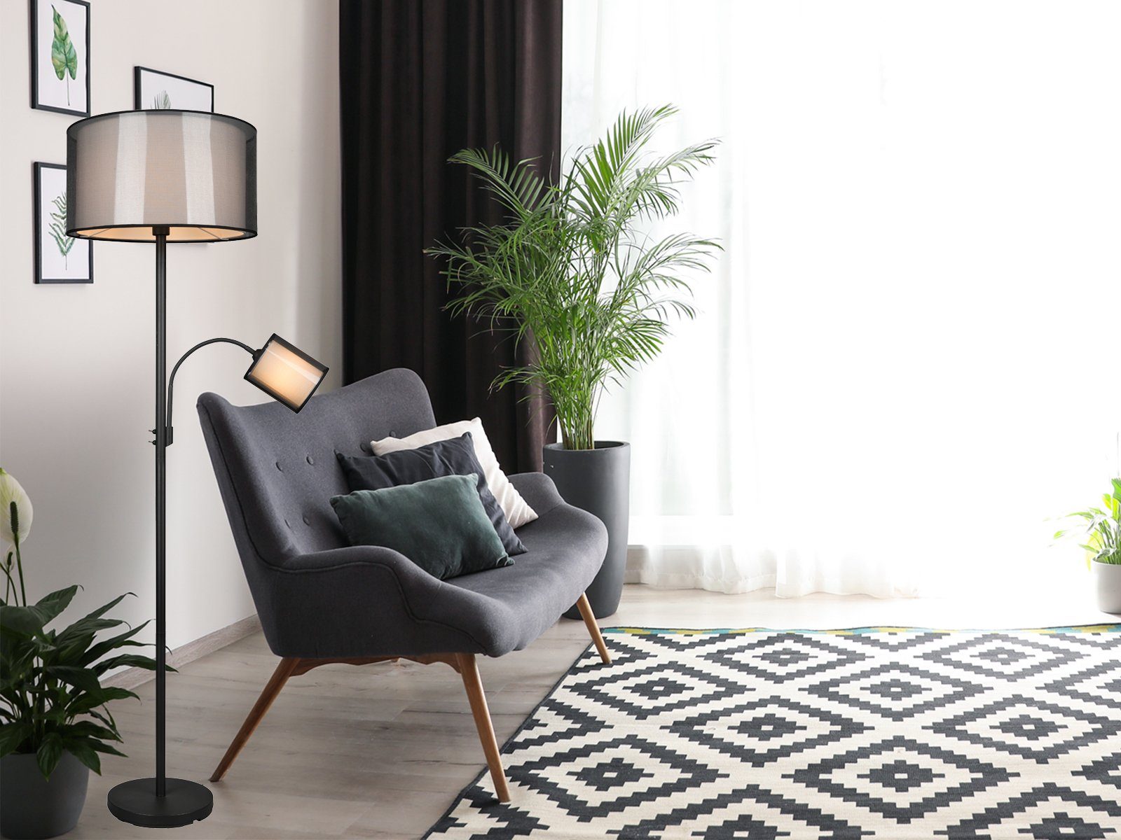 TRIO Leuchten LED Stehlampe, Lesearm & Dimmfunktion, LED wechselbar, Warmweiß, ausgefallene Design-er Lampe dimmbar mit Leselampe für Ecke, H: 174cm