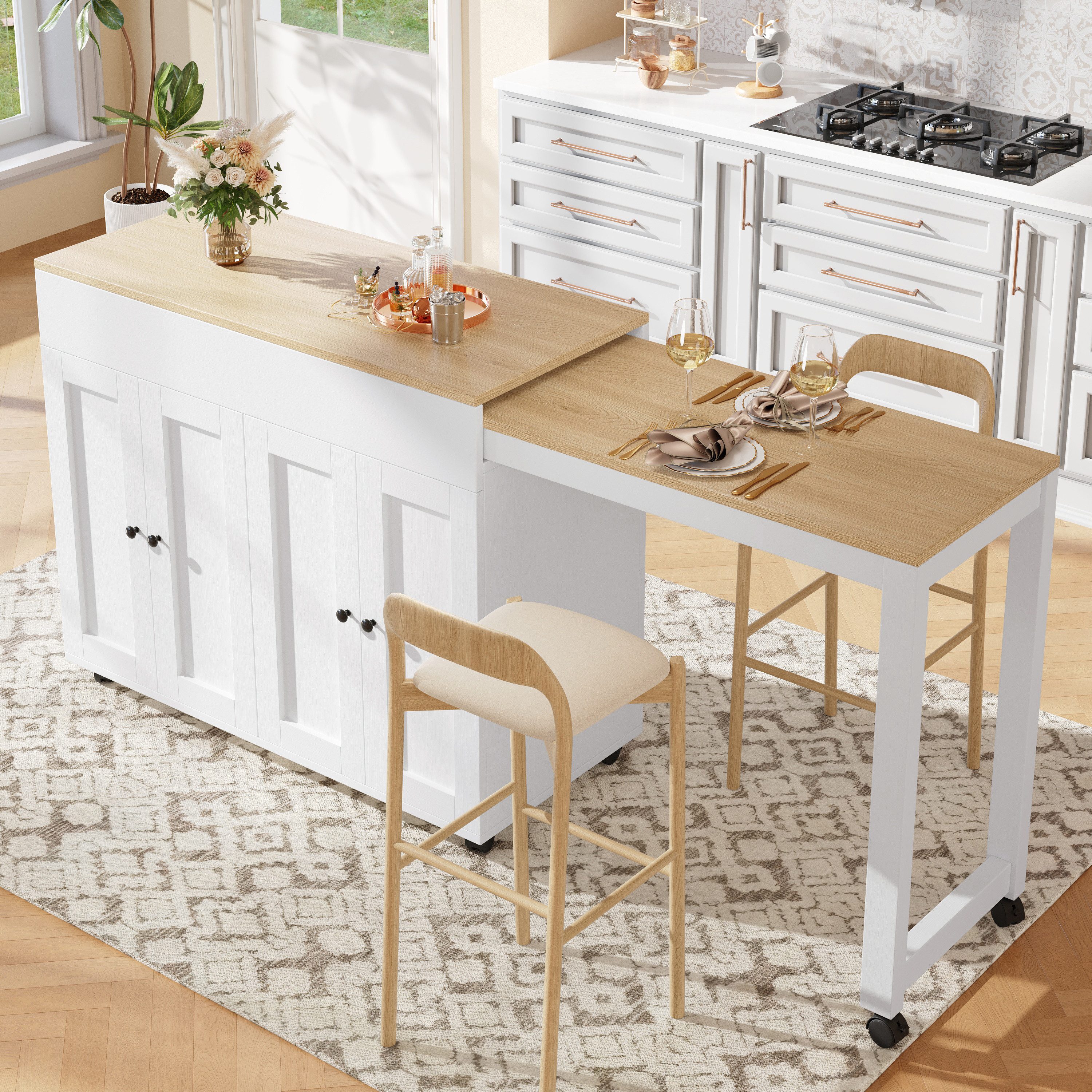 i@home Kücheninsel Ausziehbarer Bartisch, (118–180cm, mit elegantem konkavem Türdesign), Platzsparende bewegliche Kücheninsel mit ausziehbarer Arbeitsfläche