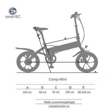 smartEC E-Bike Camp-Mini, Ohne Schaltung, Hinterrad-Nabenmotor, 281,00 Wh Akku, Batterie, Klapprad Li-Ion-Akku 36V/7,8AH Fahrunterstützung 25 km/h Anfahrhilfe