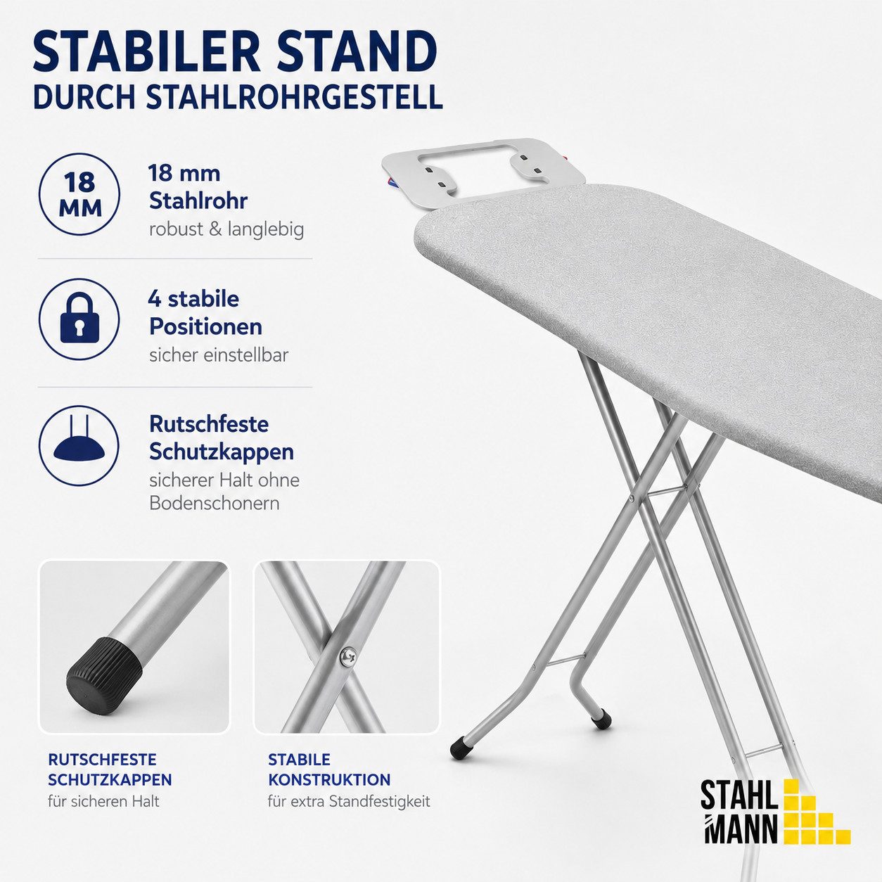 STAHLMANN COMMERCE GmbH Bügelbrett Bügelbrett [110 × 32 cm] 4-fach höhenverstellbar Made in EU, Bügelfläche 110x32 cm, 110 × 32 cm · 4-fach höhenverstellbar · M – Bild 4 von 5