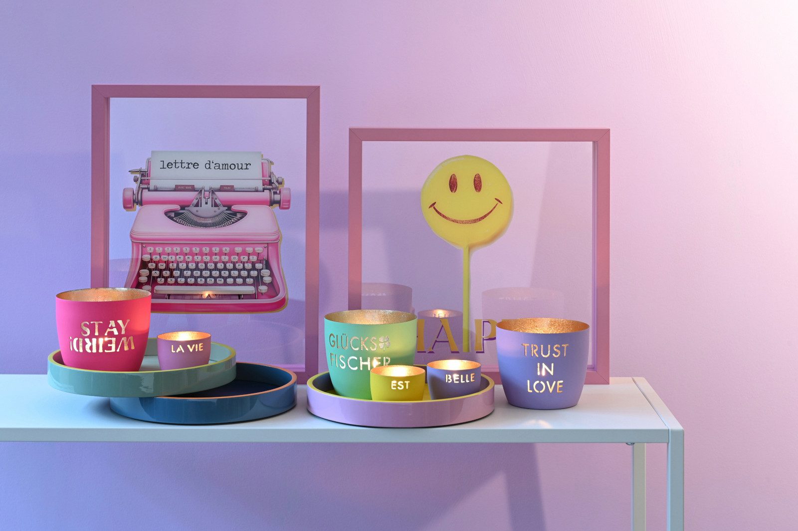 Giftcompany Windlicht Madras Windlicht M Peace, Love & Happy hour lila/gold günstig online kaufen