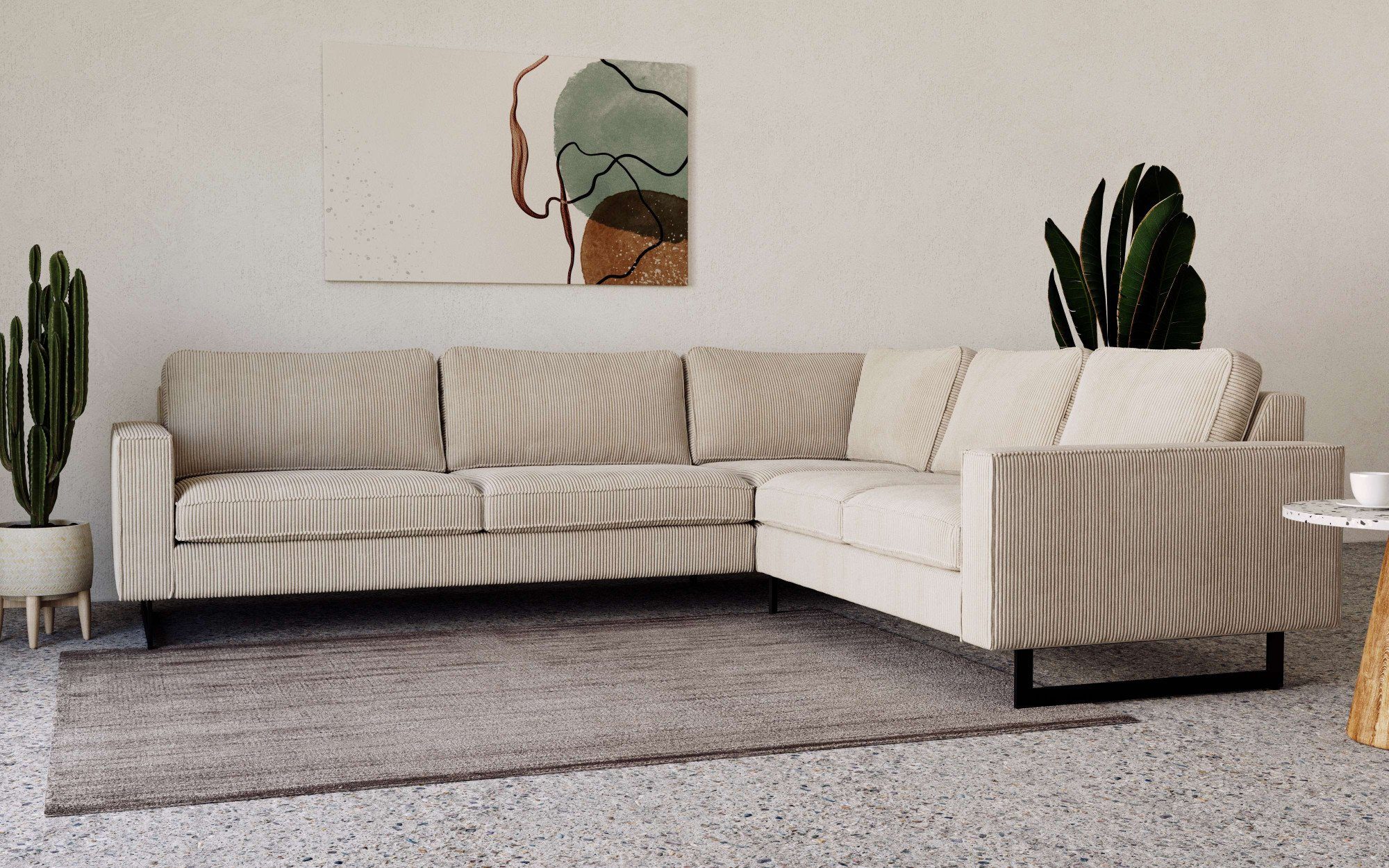 Places of Style Ecksofa Pinto, XXL, 250/290 cm, langer Schenkel, Ottomane, Cord, Chenille, Lederoptik, mit Keder, Metallfüße, Wellenunterfederung