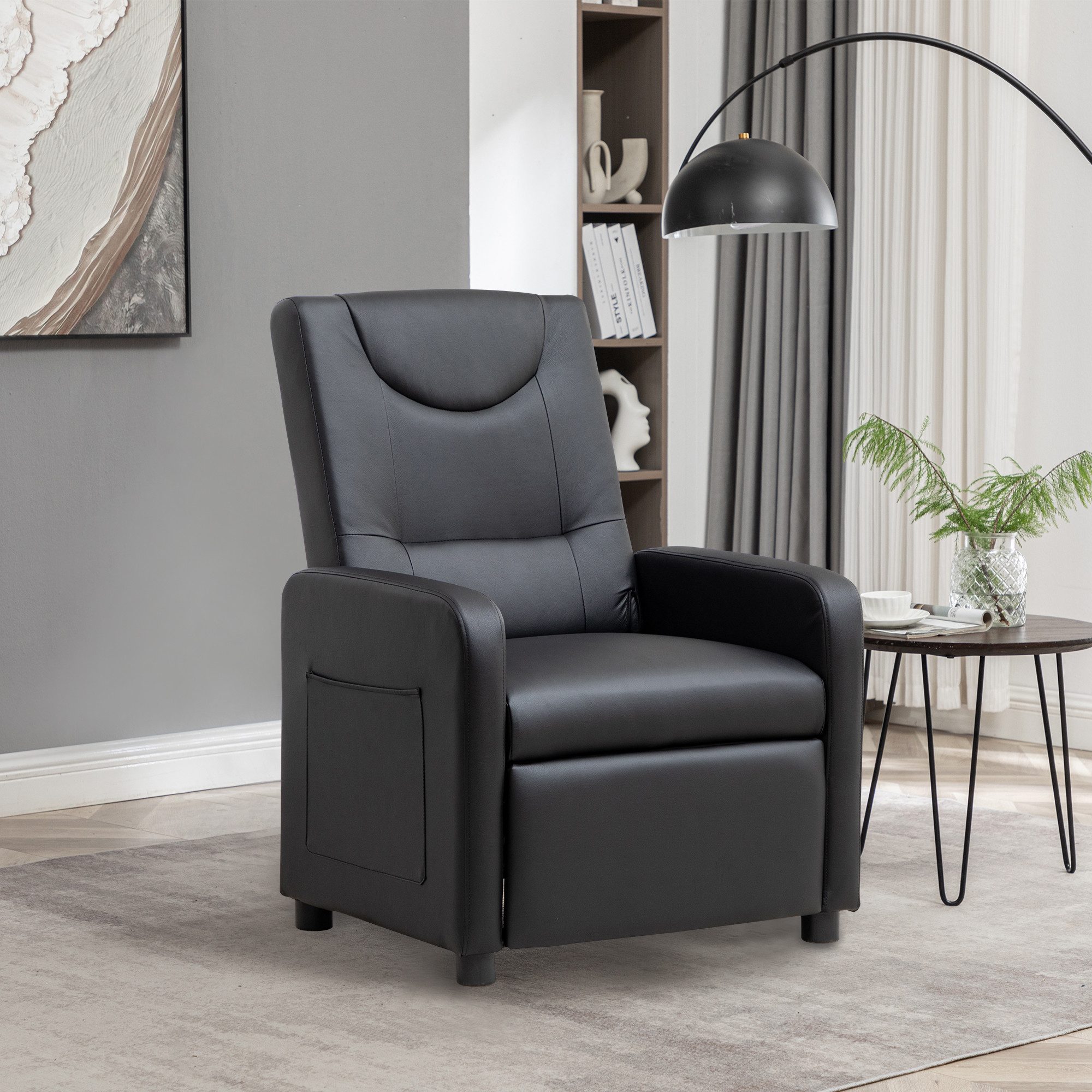 HAUSS SPOLE Loungesessel mit Fußstütze,Relaxsessel Liegesessel verstellbar Rückenlehne,Schwarz (Polstersessel Loungessel Lehnstuhl mit Neigungsverstellung und klappbarer Fußablage), Loungesofa mit PU-bezug