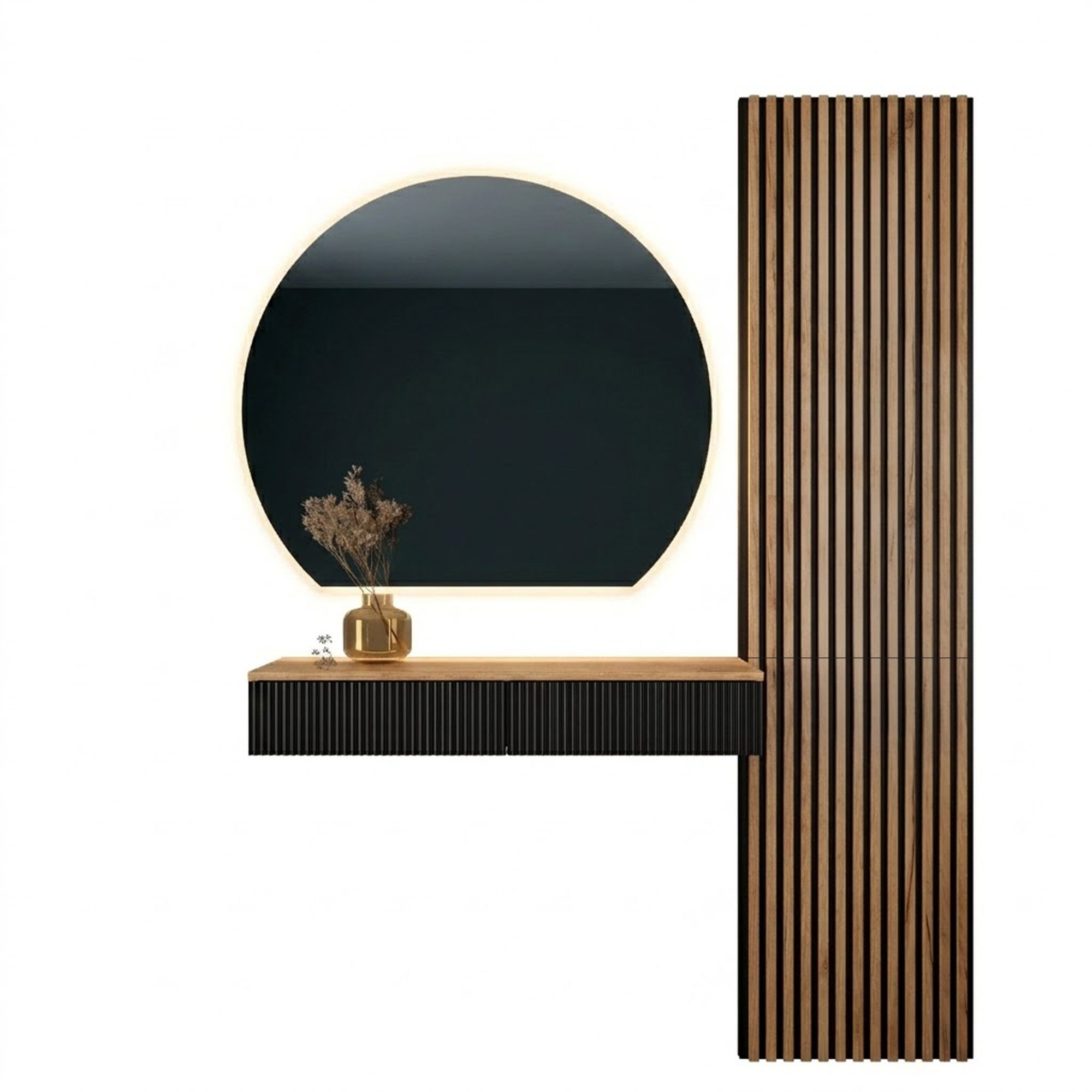 Planetmöbel Garderoben-Set AMYRA Flur Garderobe Spiegel mit Beleuchtung & Akustikpaneele, (LED Spiegel AUBE 100 x 90 cm, Touch-Funktion, Dimmbar, Konsolentisch 100 cm mit moderner Front schwarz), Akustikpaneele 2 x 120cm mit MDF-Latten & 5mm Filzplatte