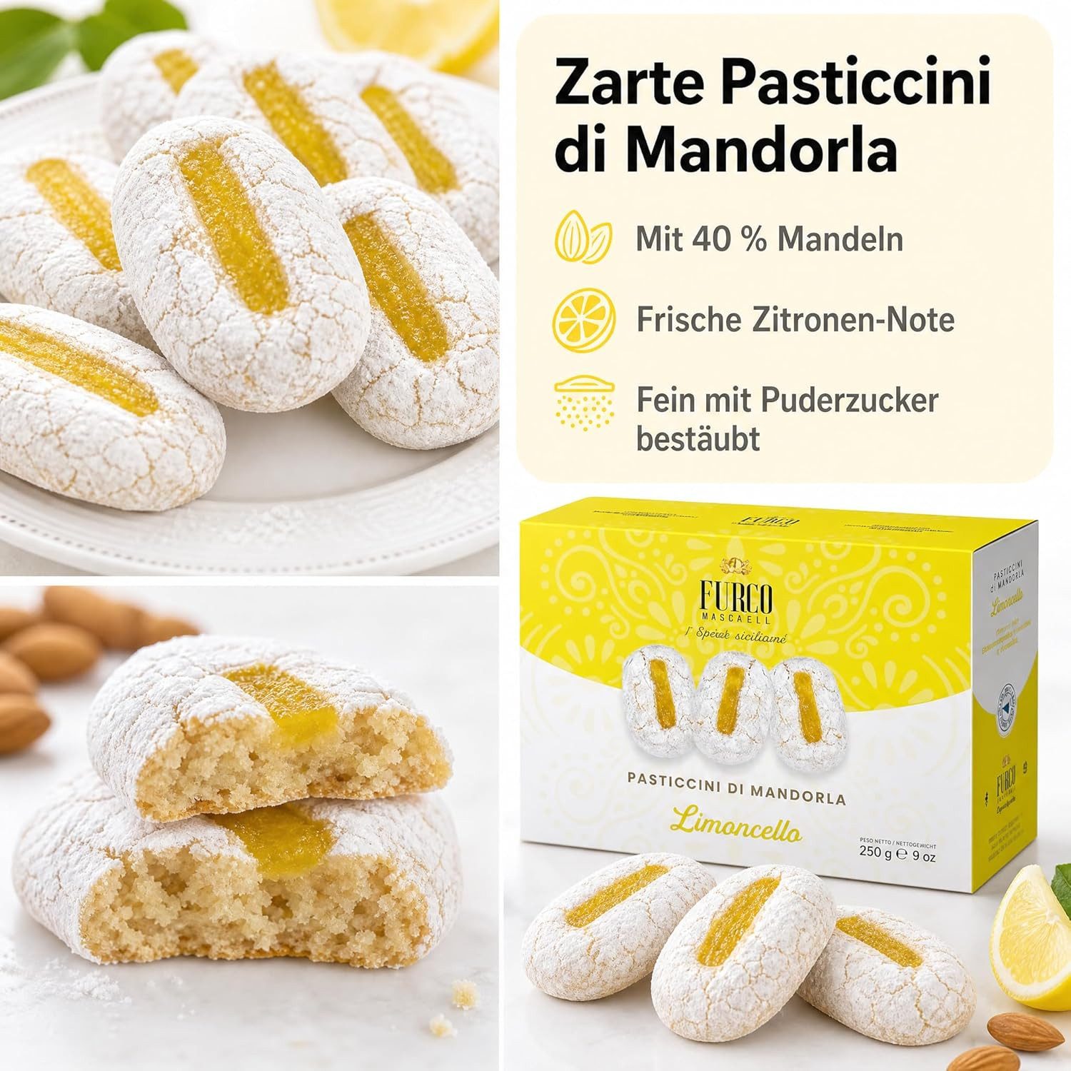 LK Trend & Style Kekse Furco Pasticcini di Mandorla Limoncello, 250 g, (Limoncello Gebäck aus der Box), sizilianisches Mandelgebäck für Espresso & Kaffee oder T – Bild 3 von 5