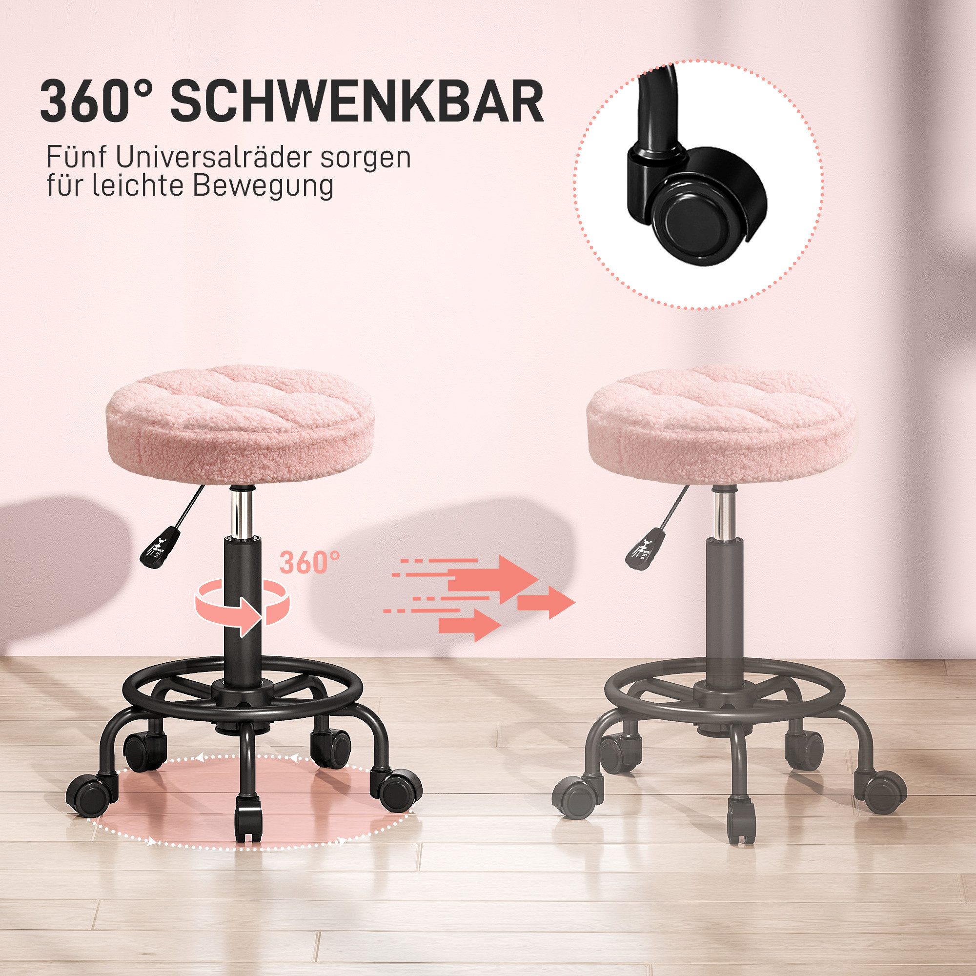 HOMCOM Rollsitz höhenverstellbar 50-66 cm, 360° drehbar (Rollhocker, 1 St., Drehhocker), für Büro, Salon, Massage, Spa, Rosa