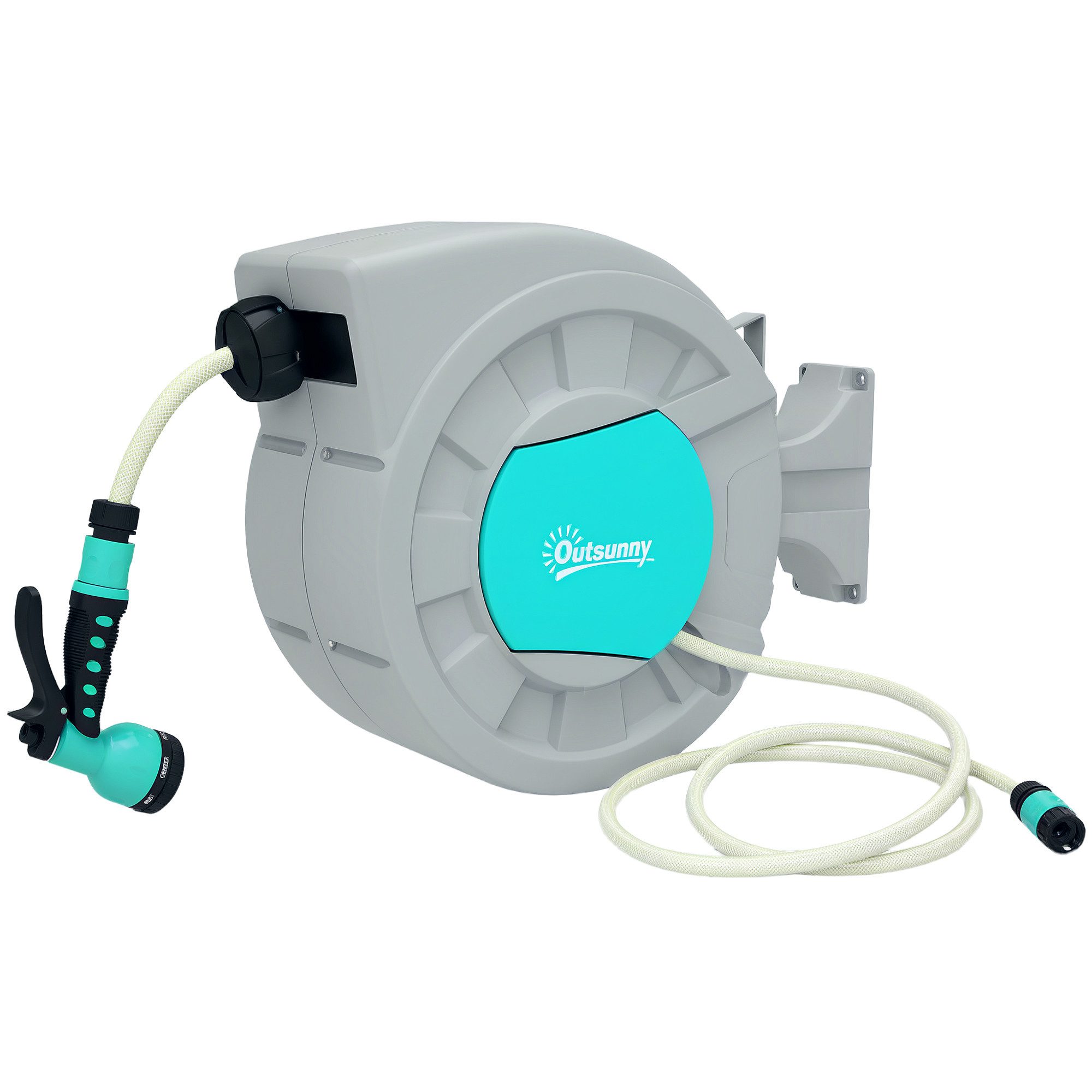 Outsunny Schlauchtrommel mit Gartenschlauch 25m, 180° schwenkbar, zur Wandmontage, (Schlauchaufroller, 1-tlg., Schlauchbox), mit automatische Aufrollung, 7-Funktionen Handbrause, Grün+Grau