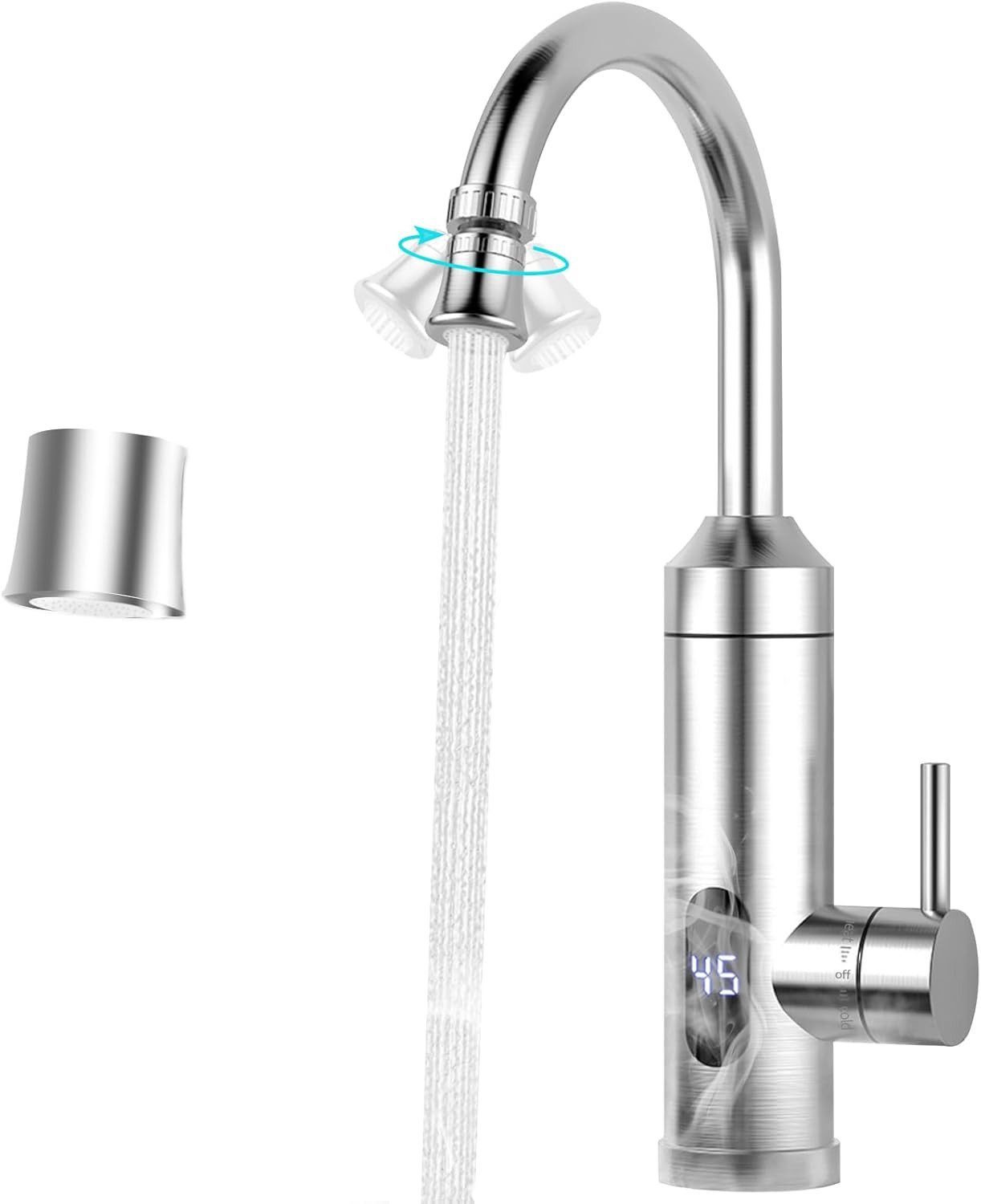 Vivitar Durchlauferhitzer 230V Küchenarmatur Edelstahl mit LED-Temperaturanzeige Küche, max. 60 °C, Kompakte Größe, ideal mobile Anwendungen wie Camping Wohnmobil., 230V Durchlauferhitzer, Wasseranschluss, Düsen, Installationszubehör., max. 60 °C, mit Edelstahlgehäuse und LED-Anzeige für Camping.