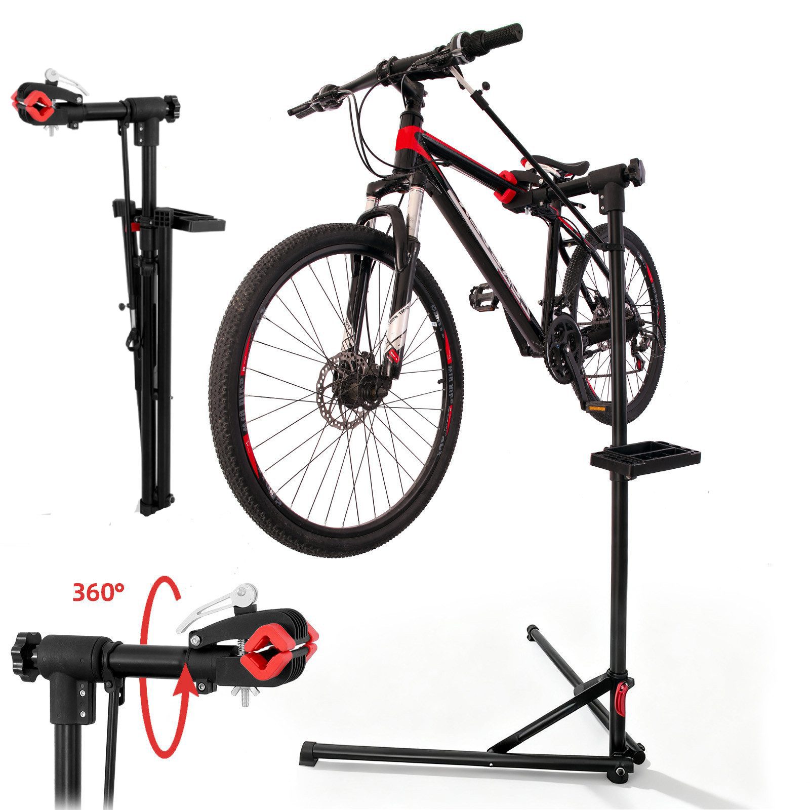 SunJas Fahrrad-Montageständer Profi Reparaturständer Fahrradständer,360° drehbar, Höhenverstellbar (mit Werkzeugablage – klappbar & höhenverstellbar, bis 30 kg belastbar), für MTB, Rennrad, E-Bike