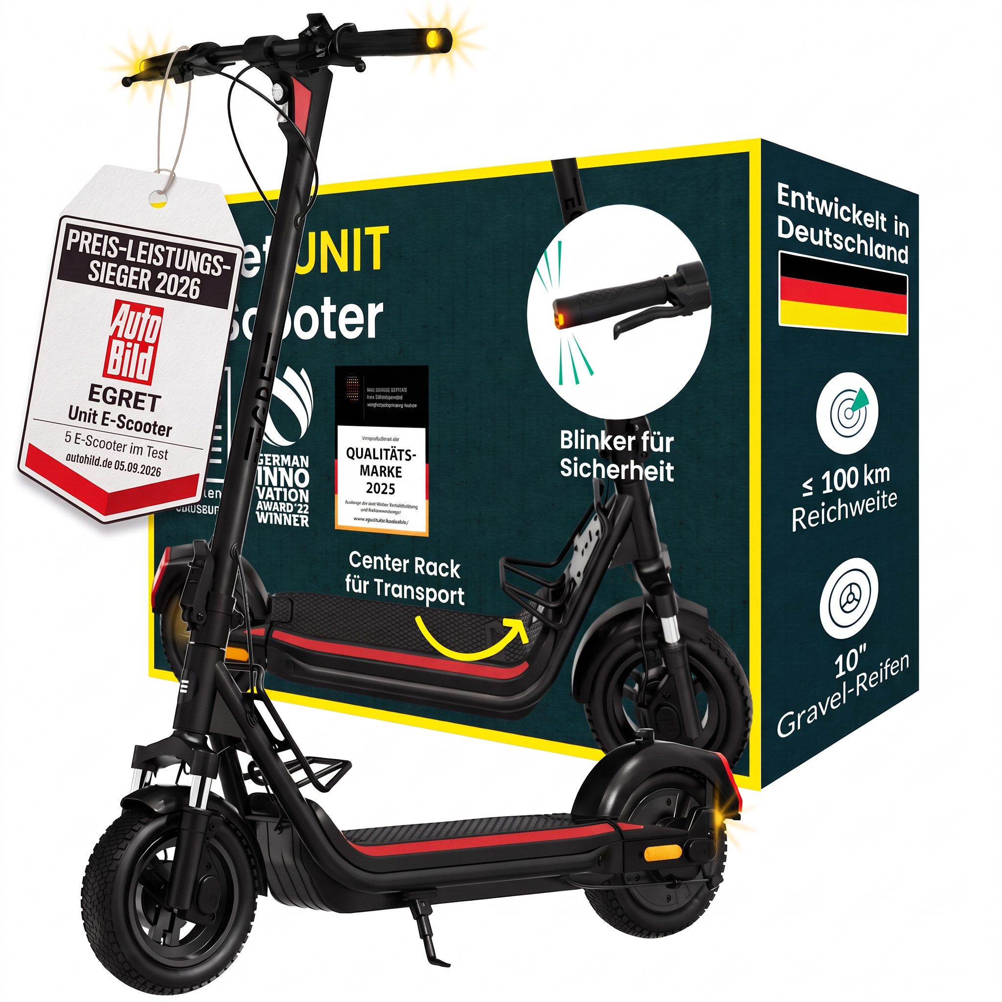 Egret E-Scooter Egret Unit, FEDERUNG, STAURAUM, 100KM Reichweite, 500 W, 20 km/h, mit Straßenzulassung, ≤130kg Traglast, Blinker