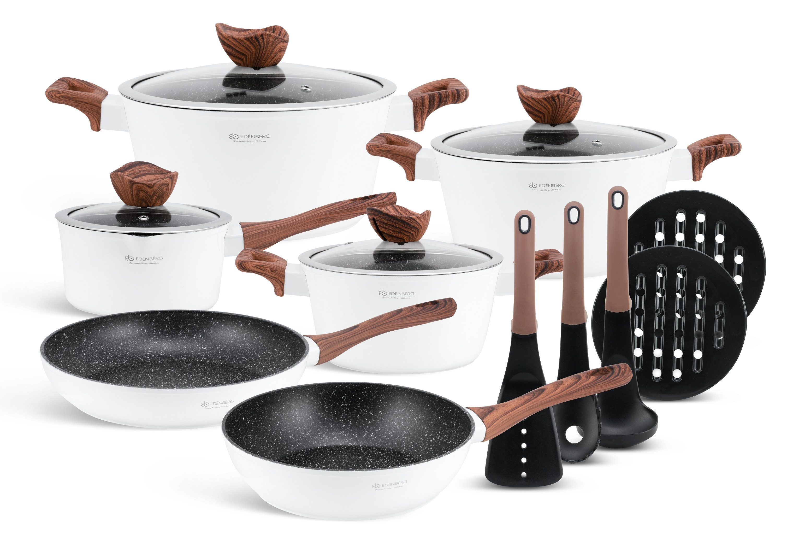 Edenberg Topf-Set Wunderschönes weißes Kochset mit Töpfen Pfannen und Zubehör, Aluminiumguss, Aluminium, Keramik (Dieses wunderschöne Topfset ist die perfekte Geschenkidee für jeden Anlass – stilvoll, hochwertig und praktisch zugleich., 15-tlg., 1,53L / 2