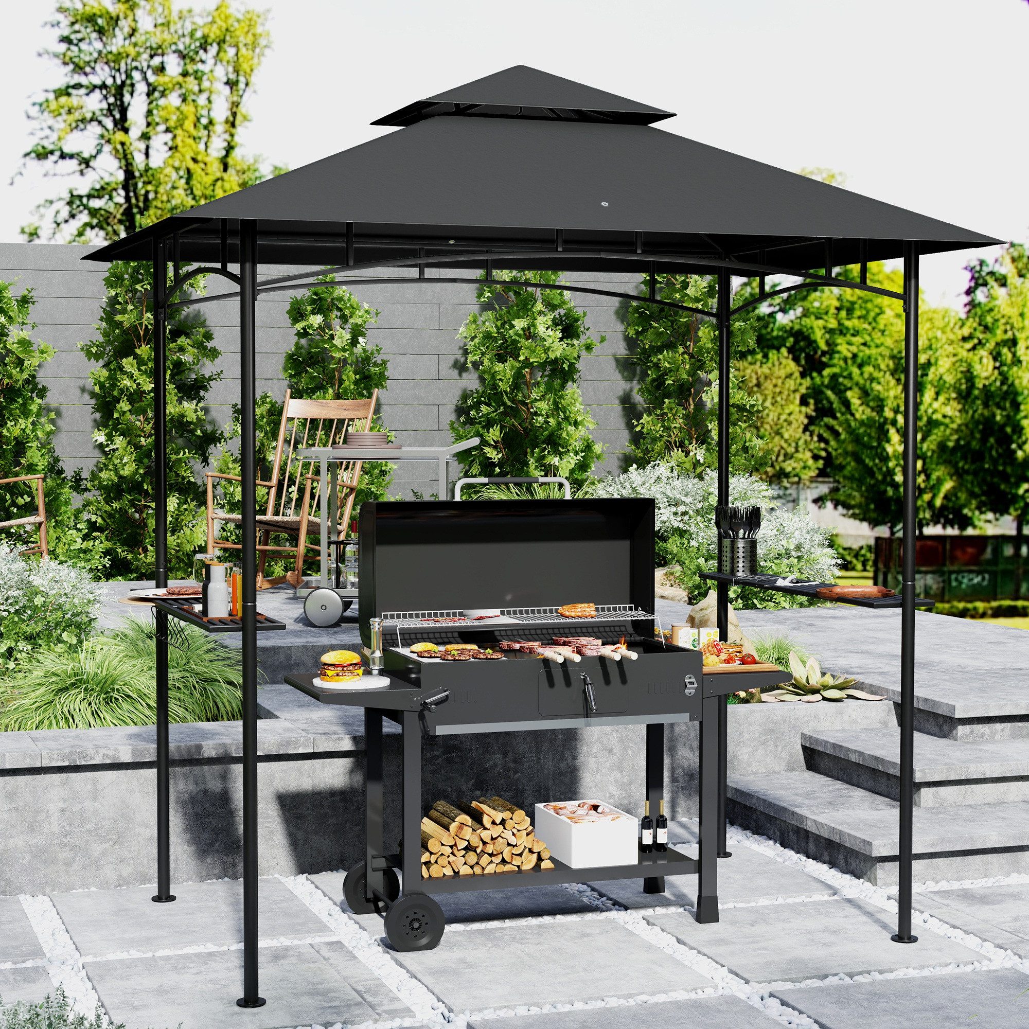 Outsunny Grillpavillon mit LED, 240 x 150 x 258 cm, mit Doppelschichtdach, Seitenregalen, mit 0 Seitenteilen, (wasserabweisend flammhemmend Gartenpavillon, Gartenlauben), mit UV-Schutz, BBQ Pavillon für Party BBQ Dunkelgrau