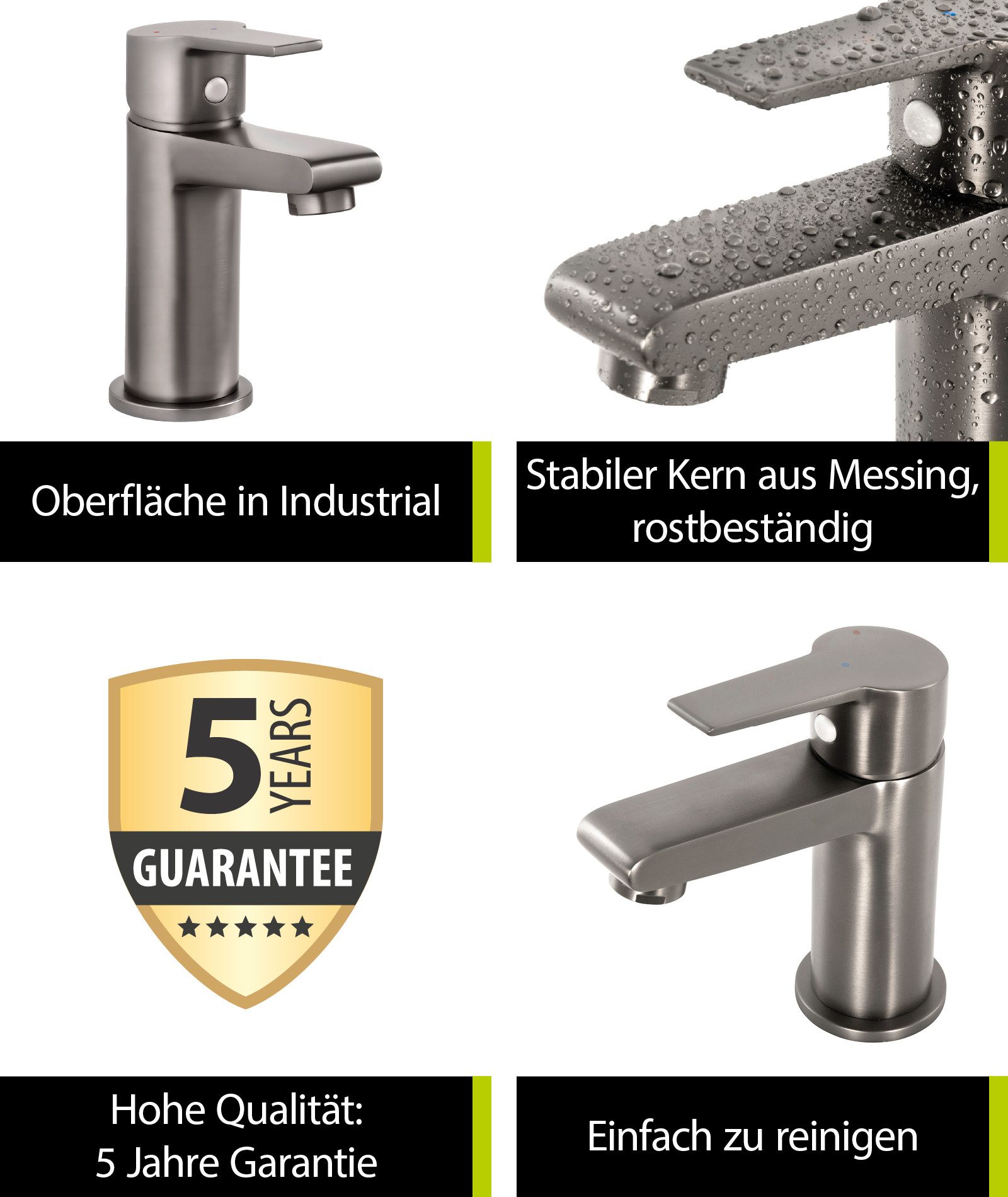 aquaSu Waschtischarmatur Onara Industrial, Pop-Up-Ventil, Kaltwassermittelstellung, Messing