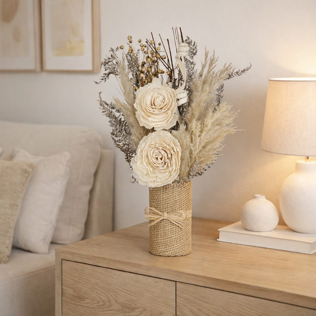 Trockenblume Blumenarrangement Deko Blumen getrocknet in Naturfarben, XiRRiX, Höhe 36 cm, Trockengesteck Creme Rosendeko