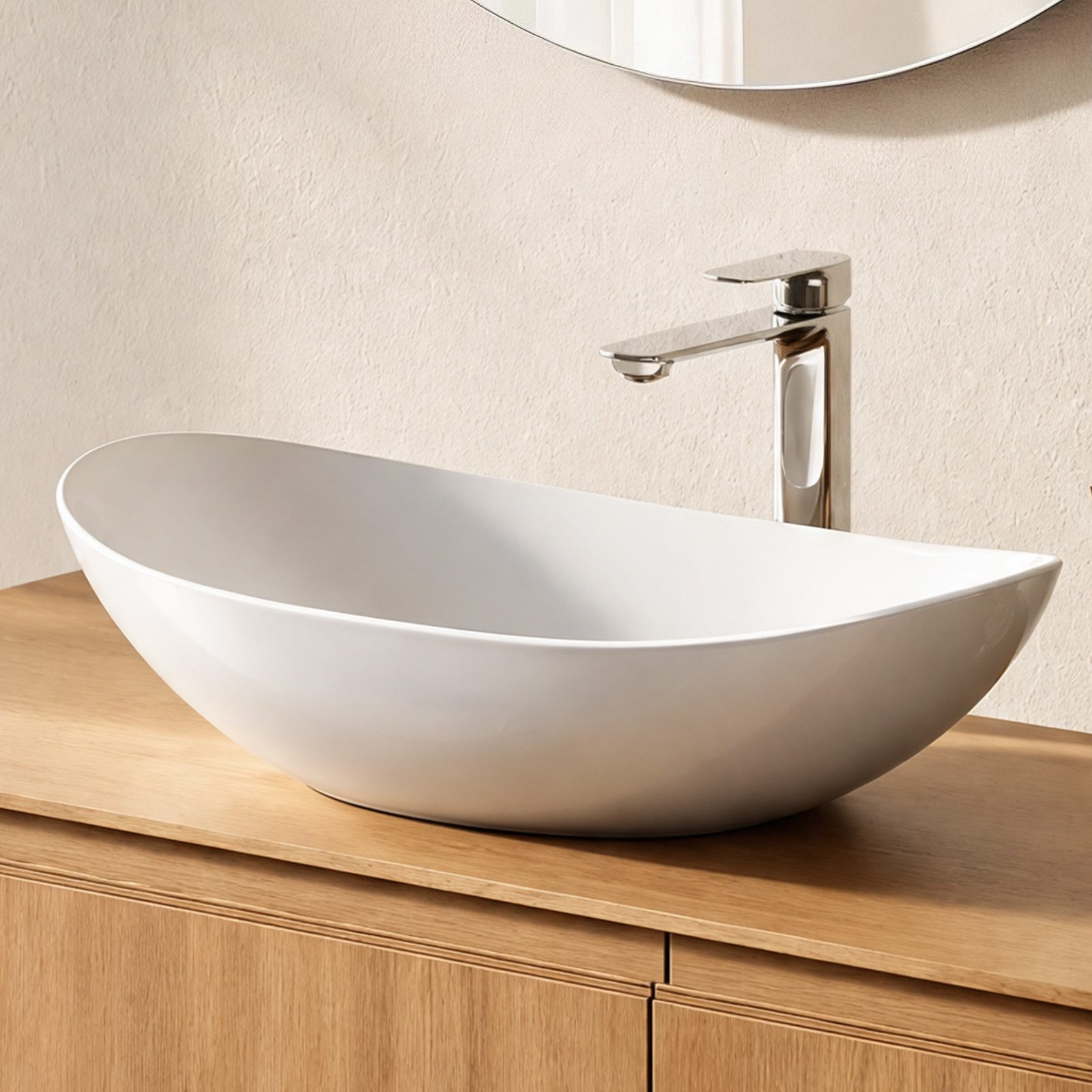 EMKE Aufsatzwaschbecken Aufsatzwaschbecken Oval, Keramik, 61 x 36 cm (Packung), ohne Überlauf, ohne Hahnloch – pflegeleichter, kratzfester Oberfläche