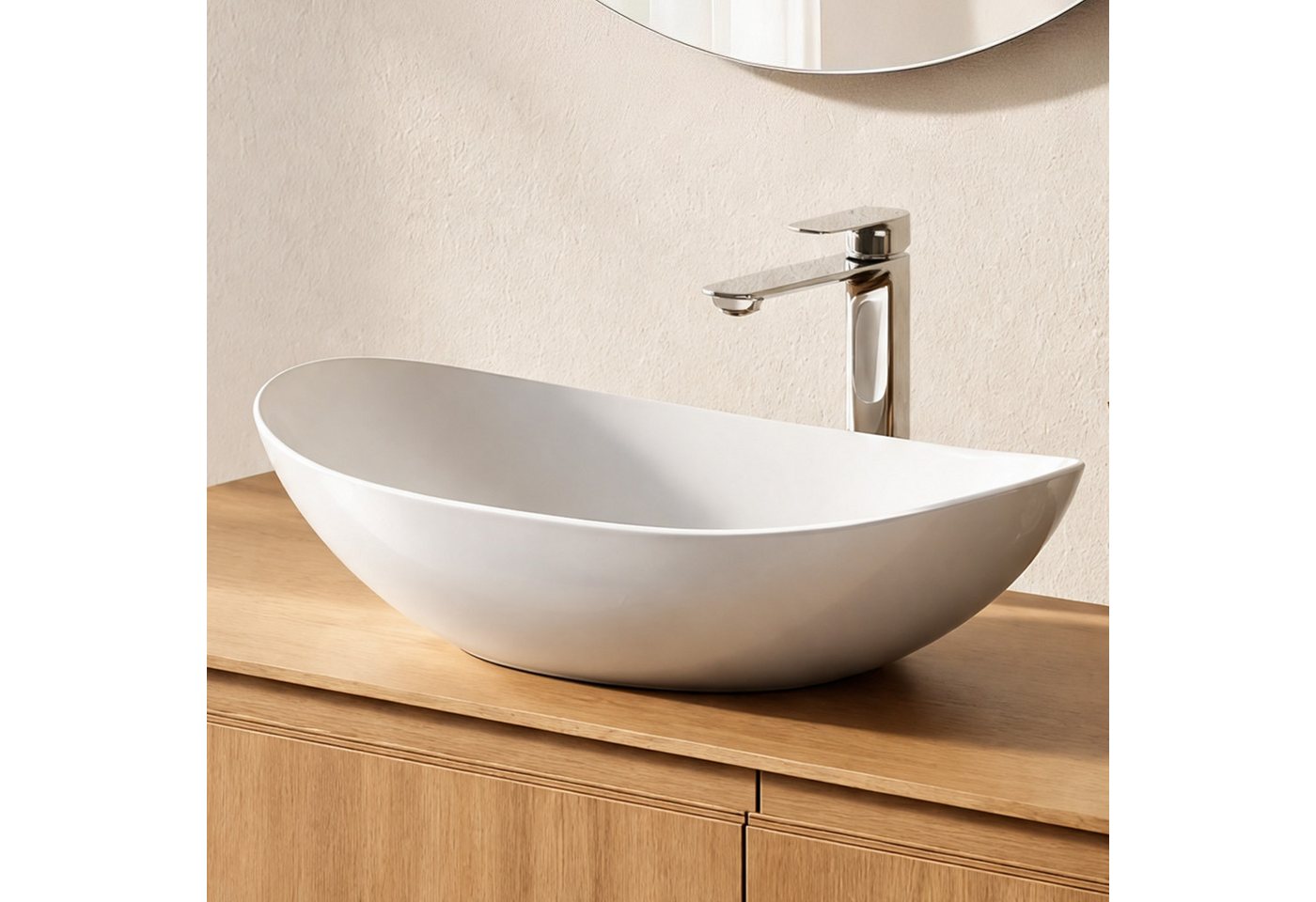 EMKE Aufsatzwaschbecken Aufsatzwaschbecken Oval, Keramik, 61 x 36 cm (Packung), ohne Überlauf, ohne Hahnloch – pflegeleichter, kratzfester …
