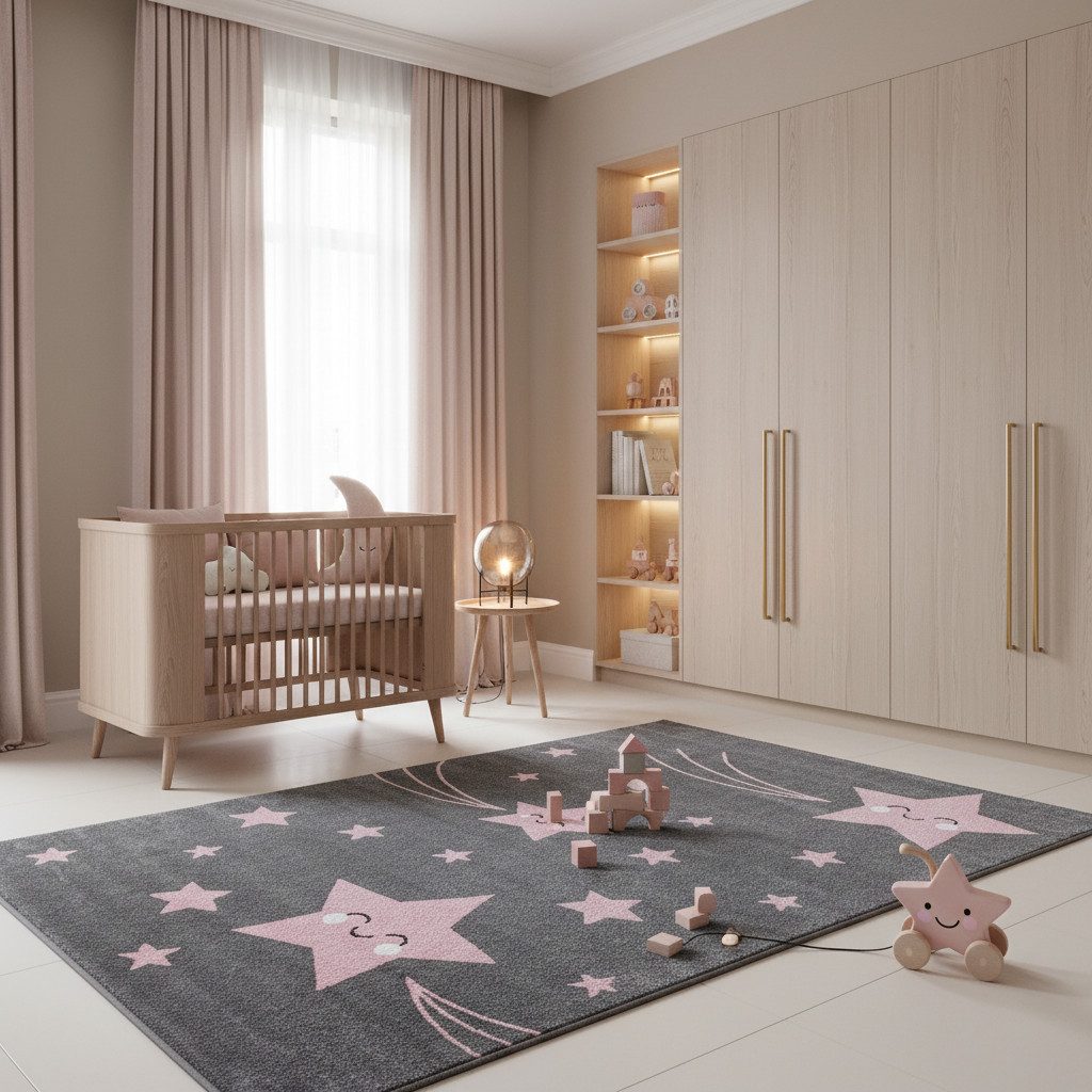 KADIMA DESIGN Kinderteppich TASNA Spielteppich Kinderzimmer Bunt Waschbar Strapazierfähig, Läufer, Höhe: 13 mm, Pink, 80x150 cm, Kurzflorteppich Sterne Waschbar