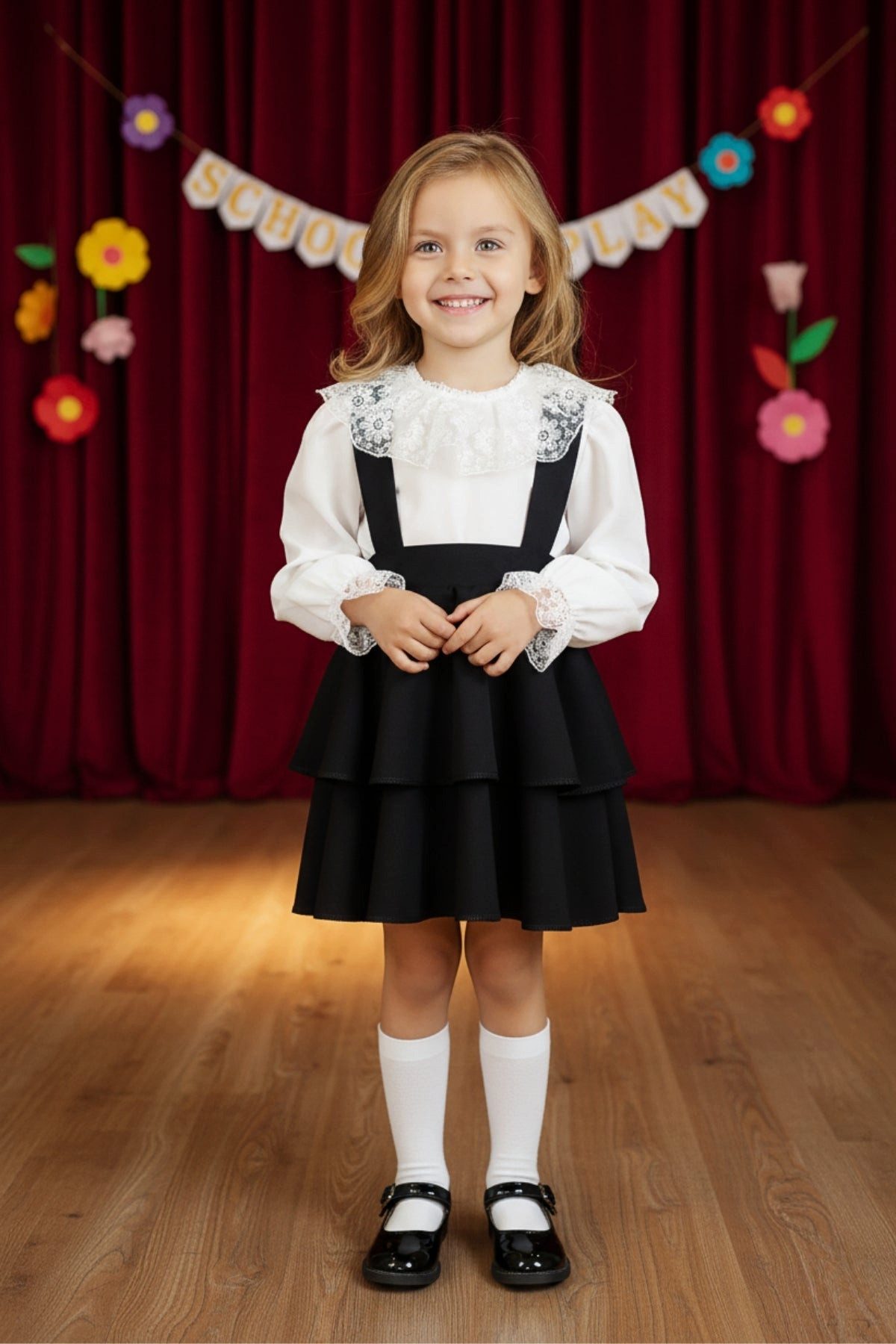 Parla Kids Shirt & Rock Schwarzes Kleid mit Trägern dazu weiße langarm Bluse mit Spitzendetail