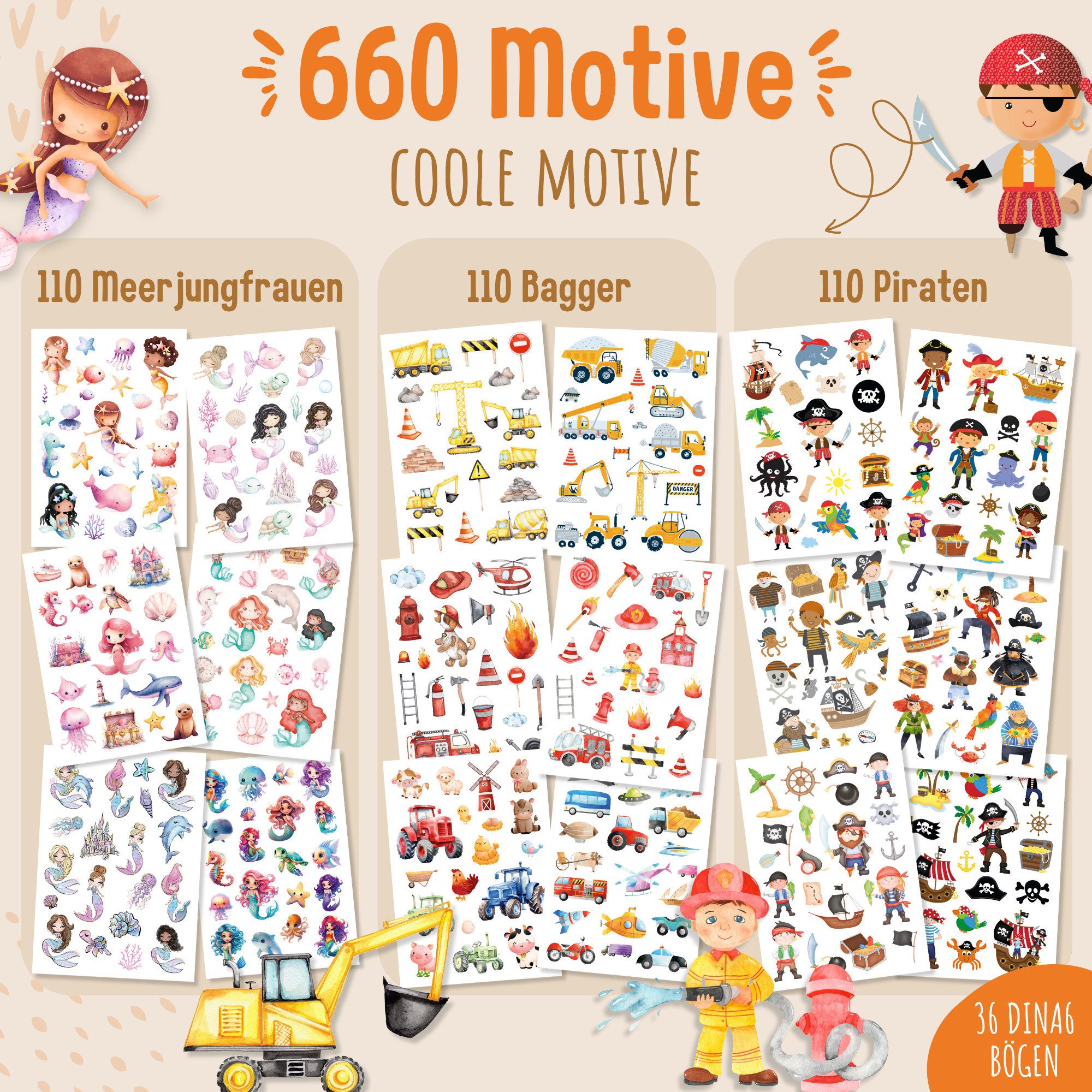 MeinBaby123® Kindertattoo 660 hautfreundliche Hauttattoos für Kinder, Geschenk für Mädchen, Mitgebsel Kindergeburtstag,  Bagger, Dino, Tiere, Einhörner