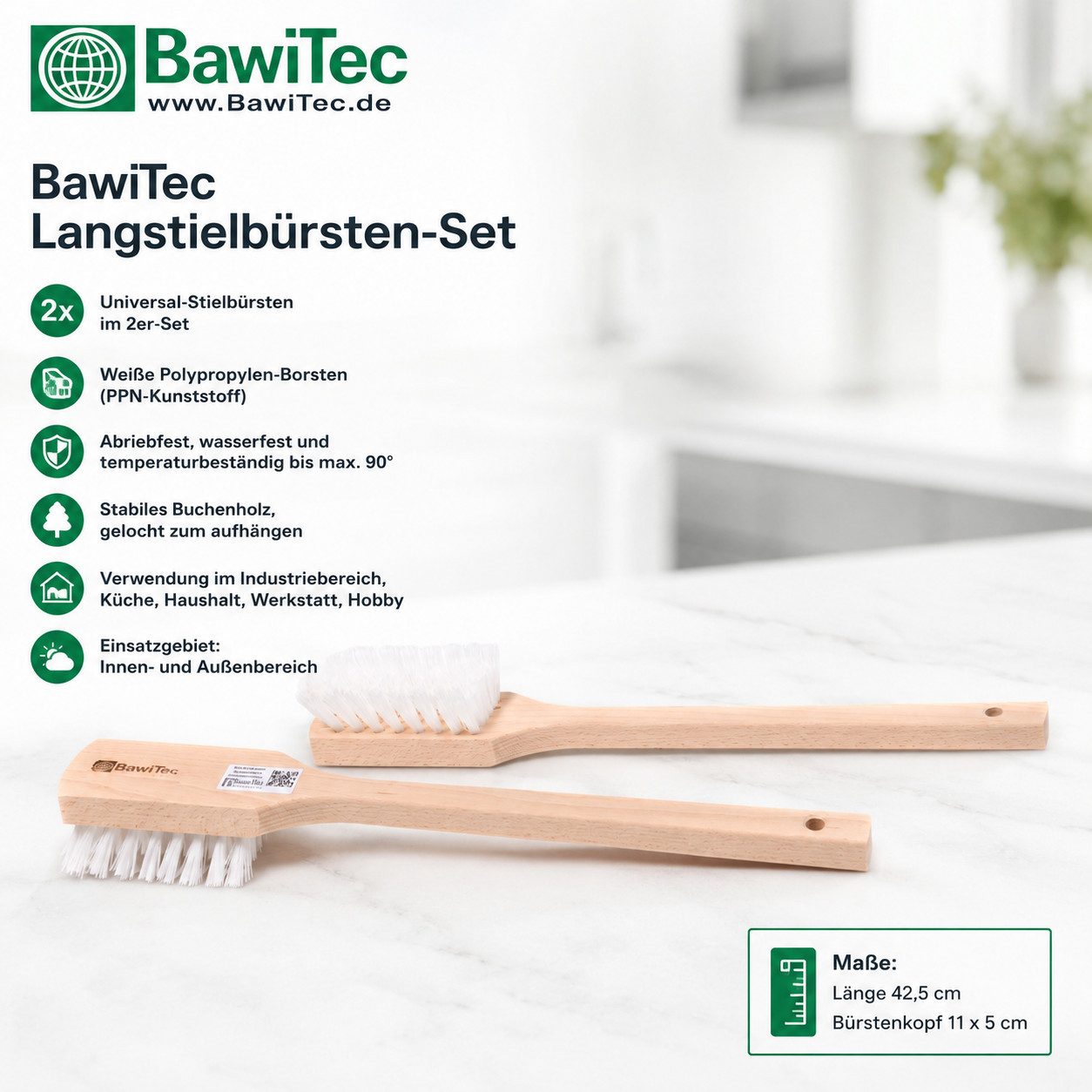 BawiTec Reinigungsbürsten-Set 2 Stielbürsten Reinigungsbürsten Langstiel Bürsten Holz, (Doppelpack)