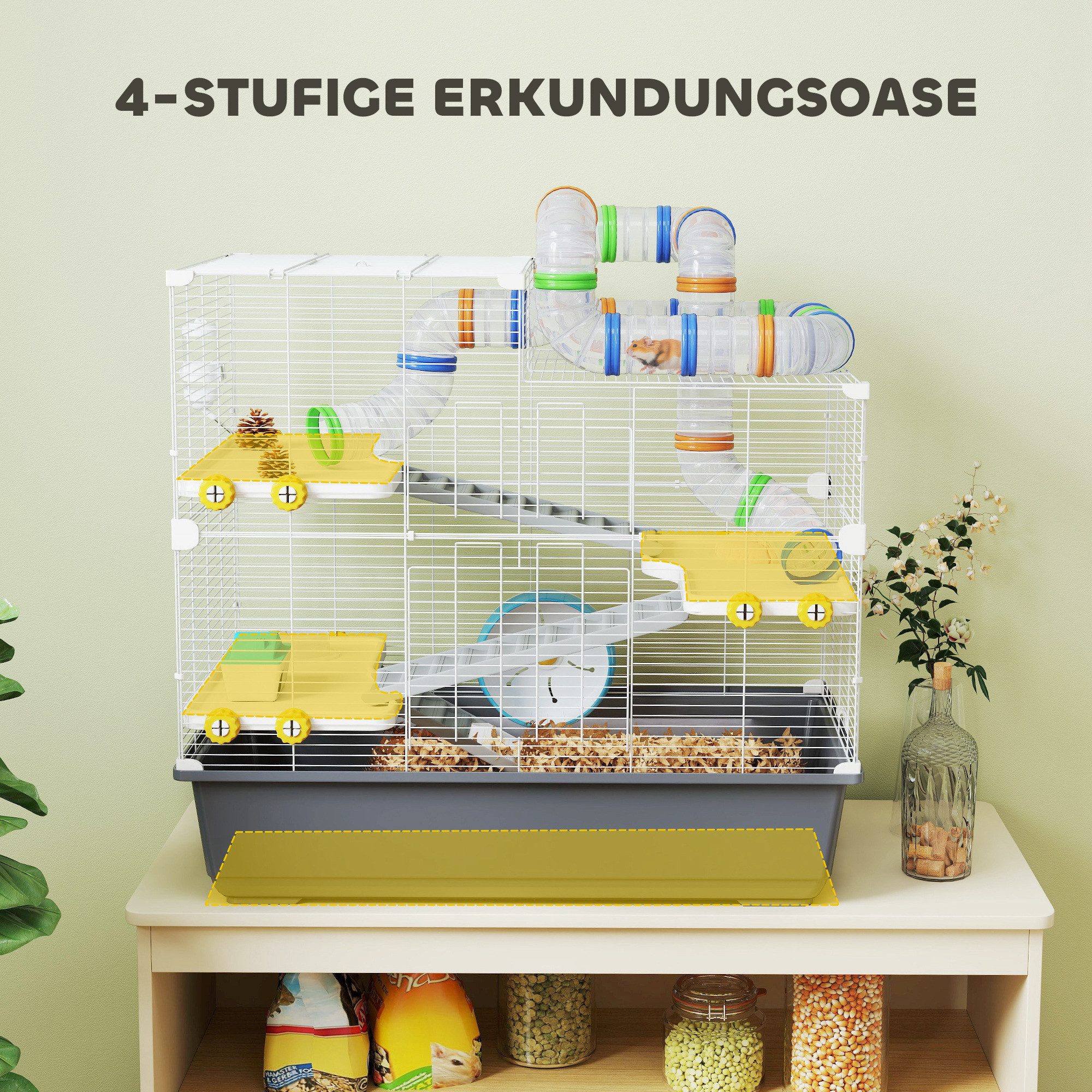 furnicato Kleintierkäfig Zwerghamsterkäfig 78x45x73 cm in Weiß+Grau, Hamstergehege mit Röhrensystem, Etagen und tiefem Boden zum Graben