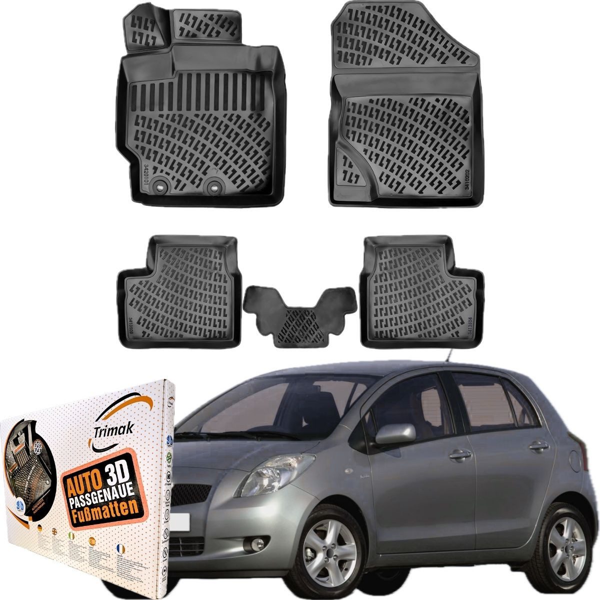 Trimak Passform-Fußmatten Oder Kofferraumwanne Oder Set für Toyota Yaris, Toyota Yaris 2. Gen XP0 2005-2011 Gummimatten Auto TPE Allwetter
