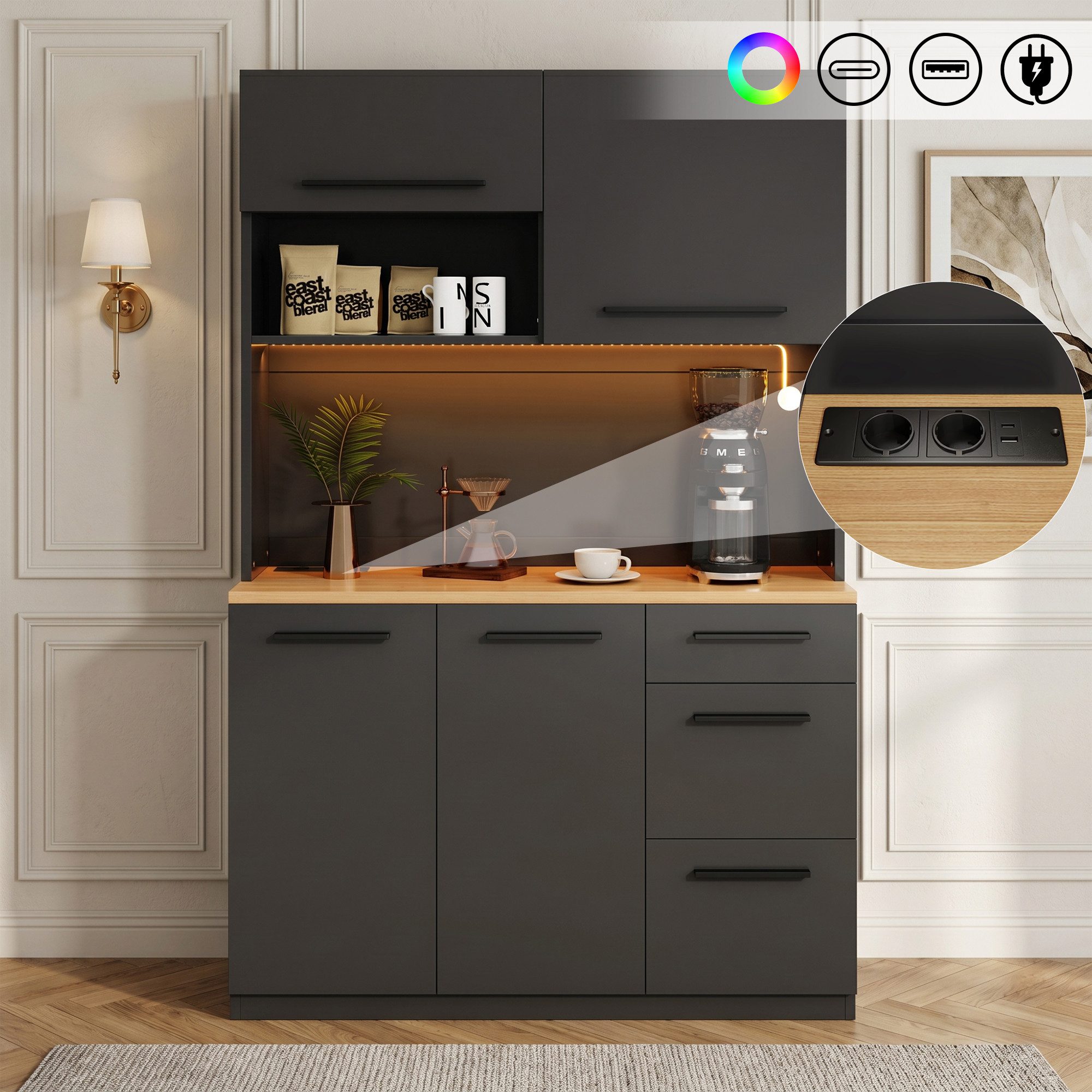 Flieks Küchenbuffet mit Steckdosen, LED-Beleuchtung und verstellbarer Einlegeböden (mit naturfarbener Arbeitsplatte in Holzoptik, 1-St., B120/T40/H180 cm) Hochschrank Küchenschrank Geschirrschrank mit Ladefunktion Schwarz