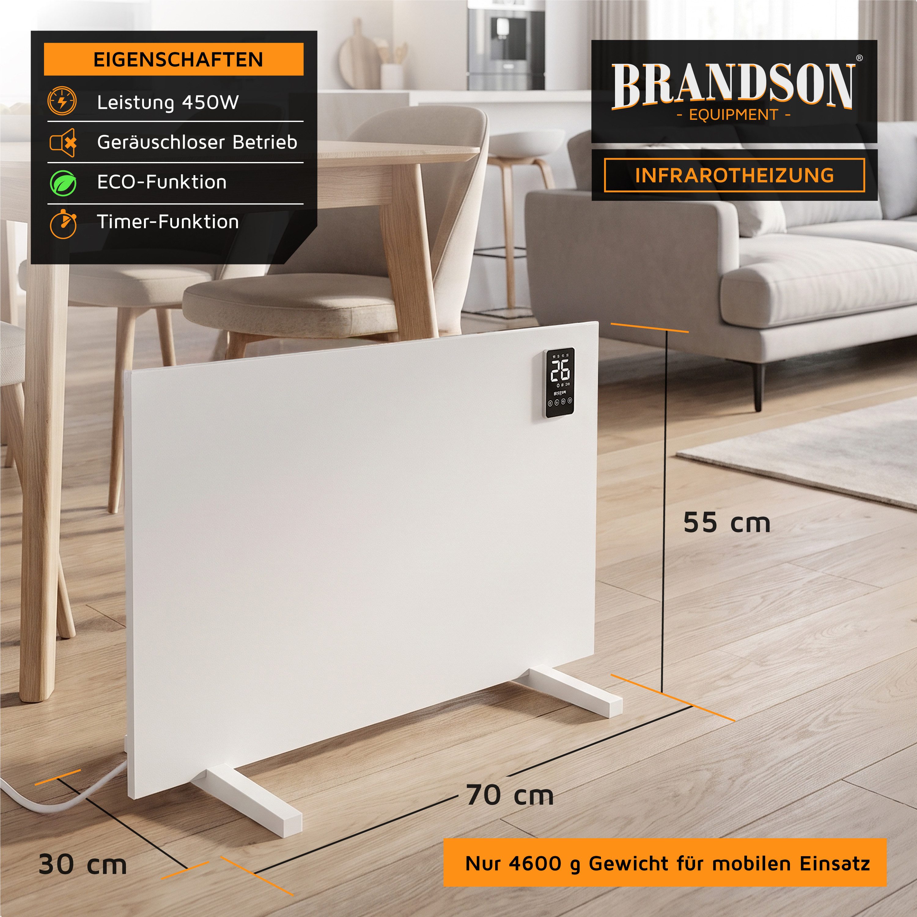 Brandson Infrarotheizung Infrarotheizung 450 W mit App, Fernbedienung & Trockengestell, Tuya & Alexa, Timer 1–24 h, ECO, Wand- oder Standmontage