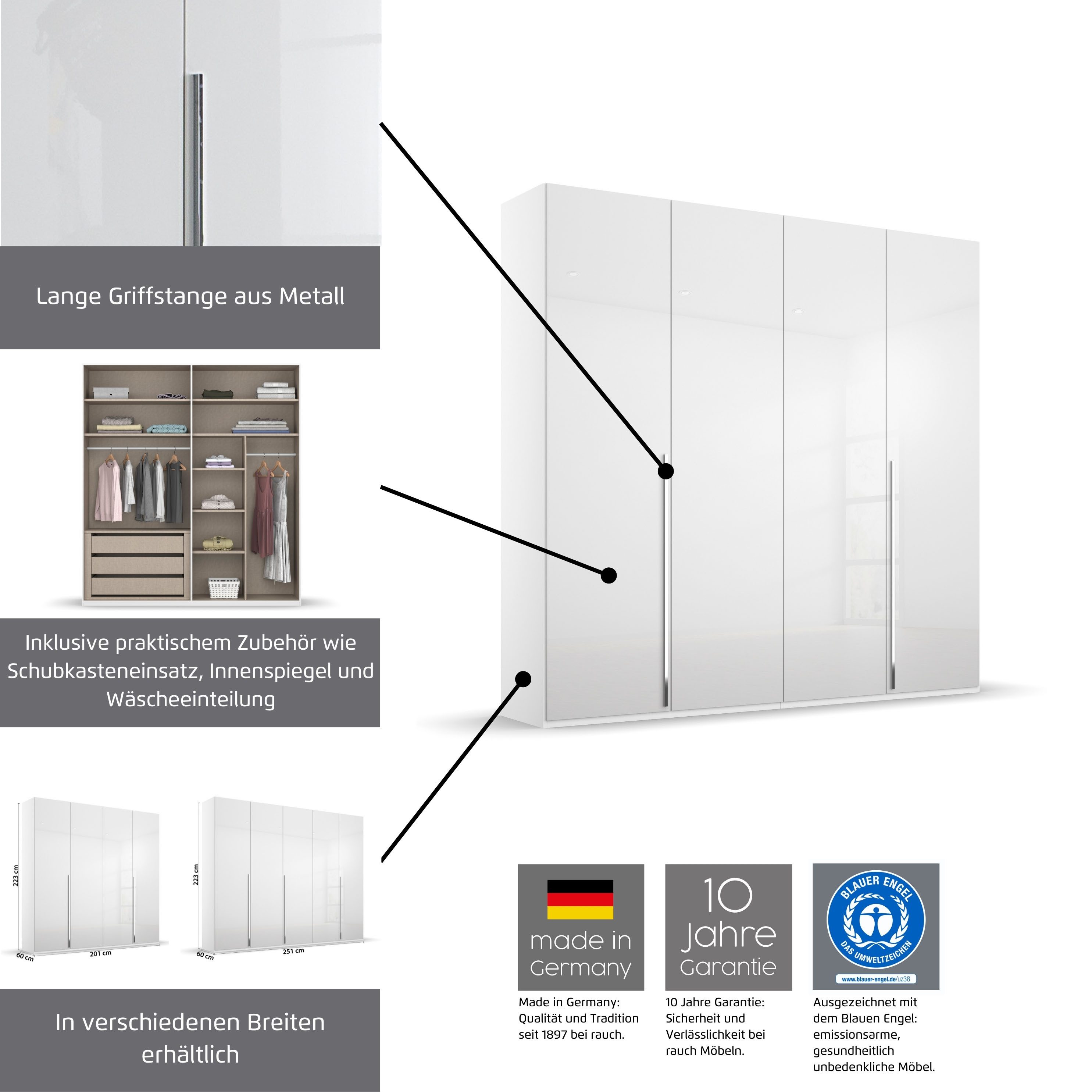 rauch Drehtürenschrank Kleiderschrank Schrank Garderobe Wäscheschrank MONTCLAR (in den Breiten 201/251/301 cm, inkl. SOFT-CLOSE-FUNKTION) mit Schubkästen und Spiegel, inkl. Wäscheeinteilung MADE IN GERMANY
