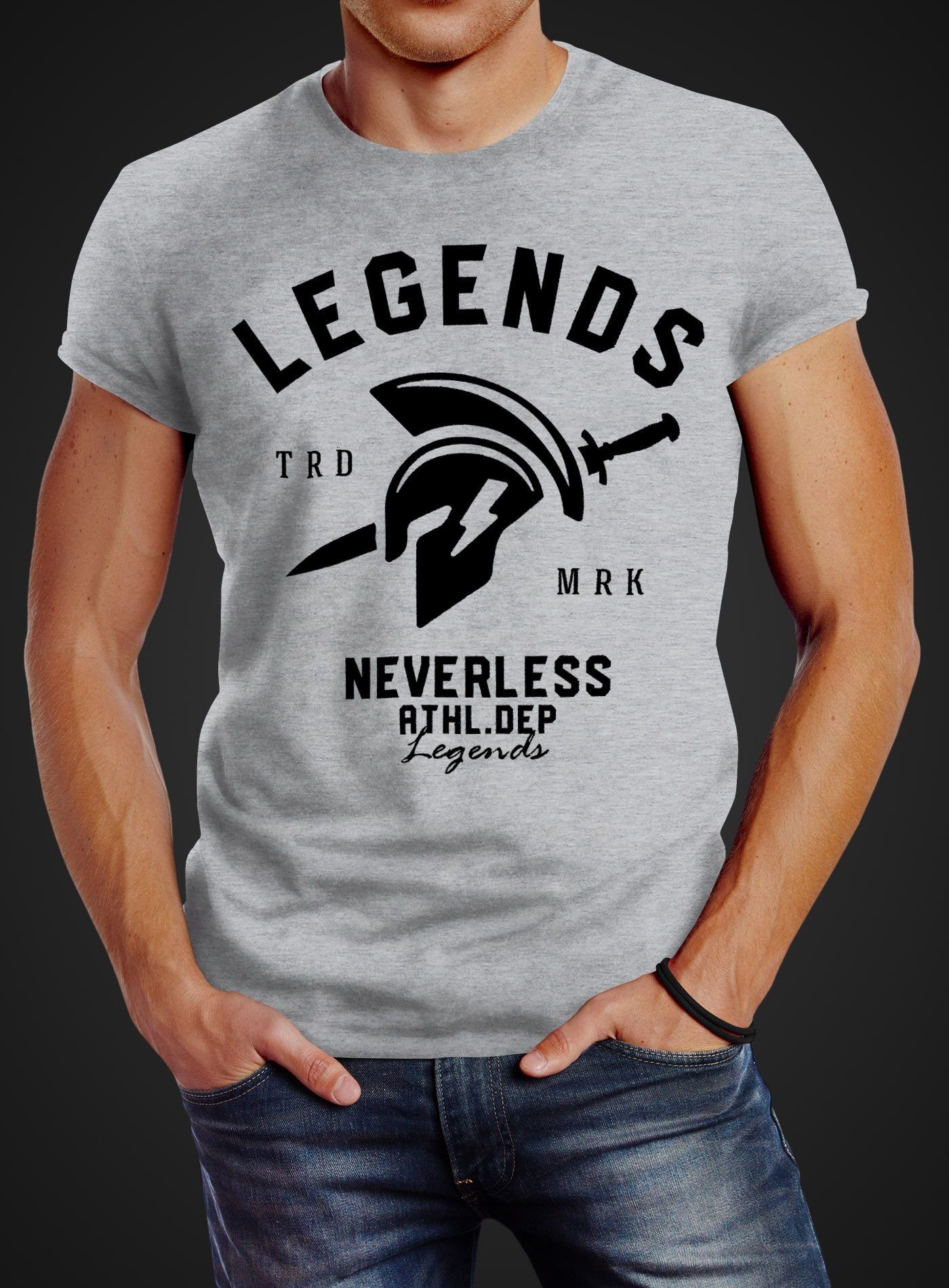 Neverless Print-Shirt T-Shirt mit Cooles Herren grau Legends Fitness Neverless® Gladiator Athletics Sparta Sport Print Gym