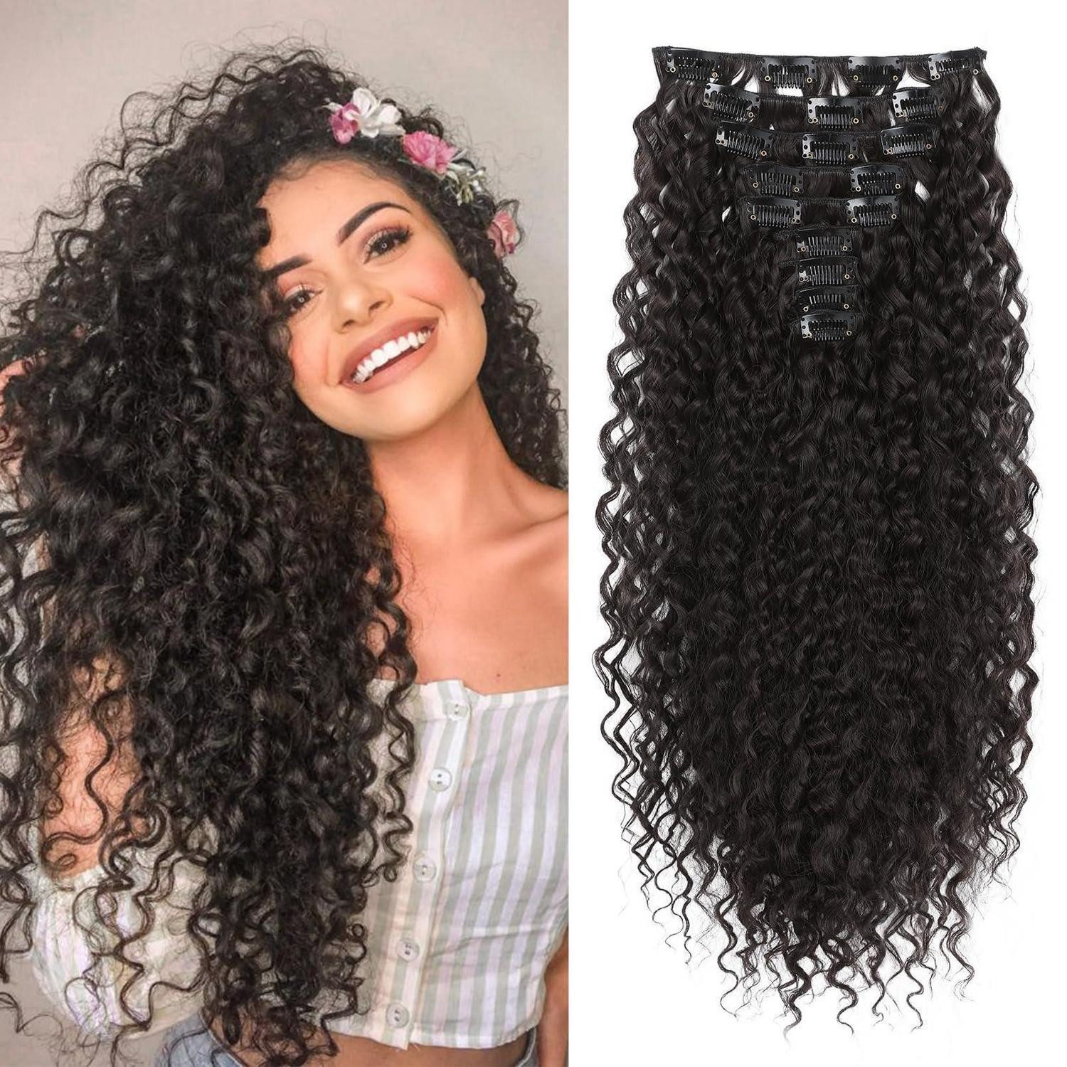 LuxusKollektion Kunsthaar-Extension Haarverlängerung Clip lockig 22 Inch schwarzbraun 56 CM Schwarzbraun