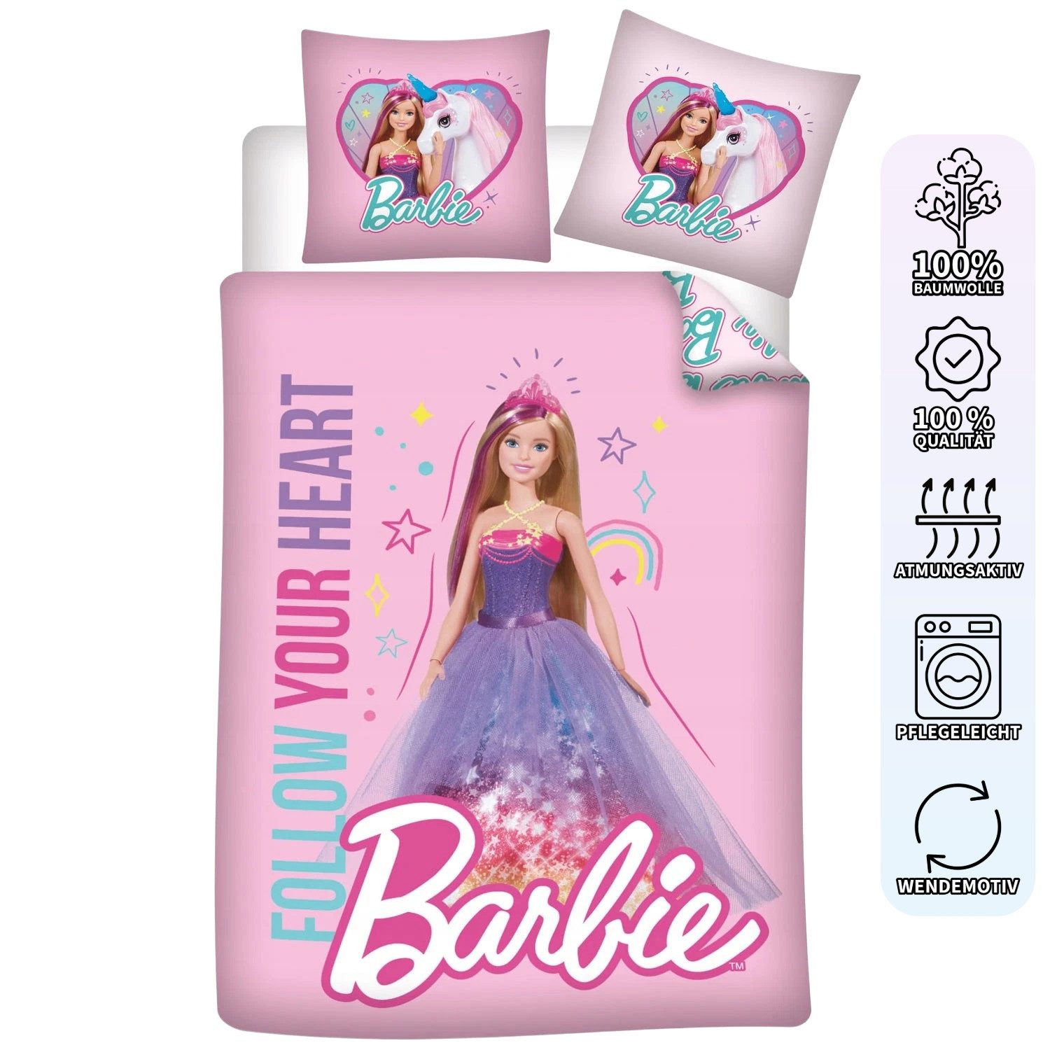 Carbotex Babybettwäsche Barbie Baby Bettwäsche Wendebettwäsche rosa 100 x 135 cm, 2 teilig, Langlebig