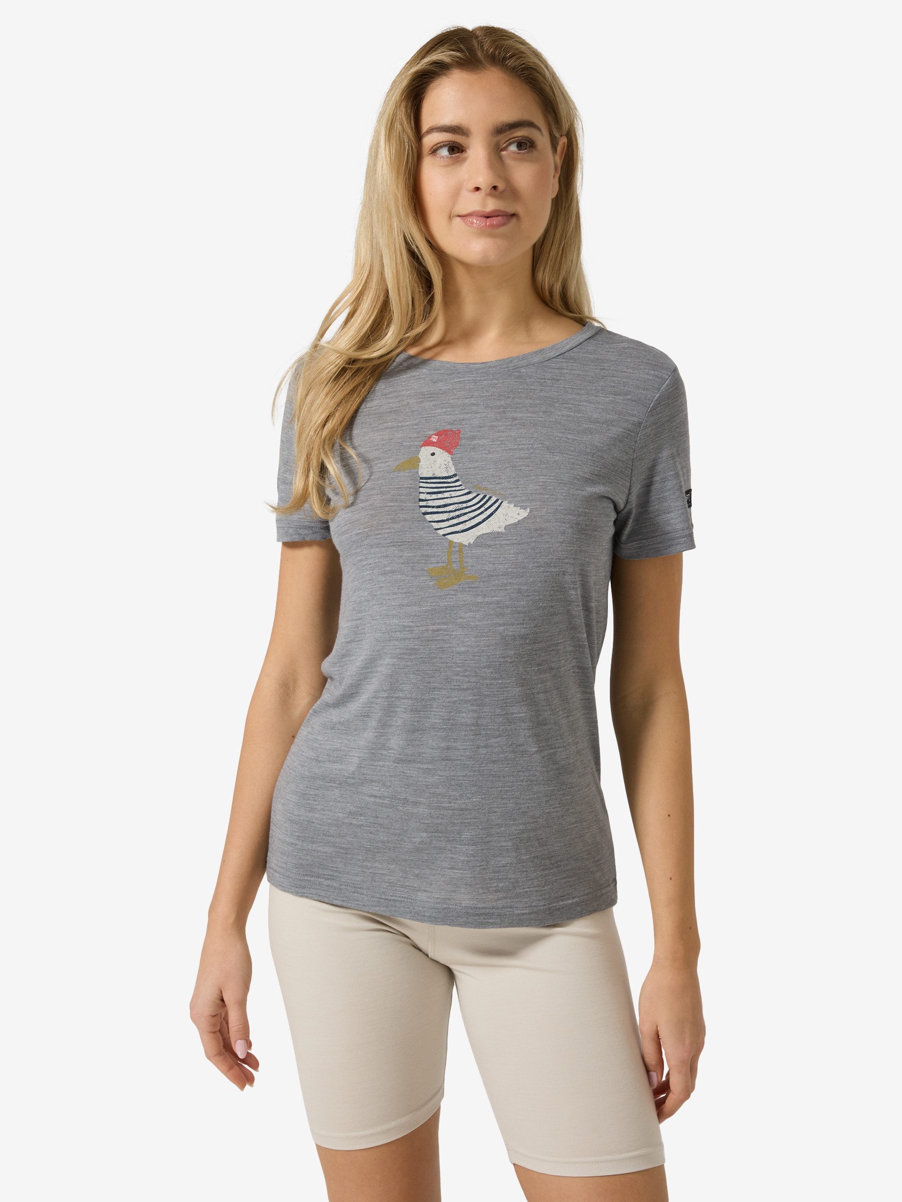 SUPER.NATURAL Print-Shirt für Damen, Merino JOHNNY TEE happy Vogel Motiv