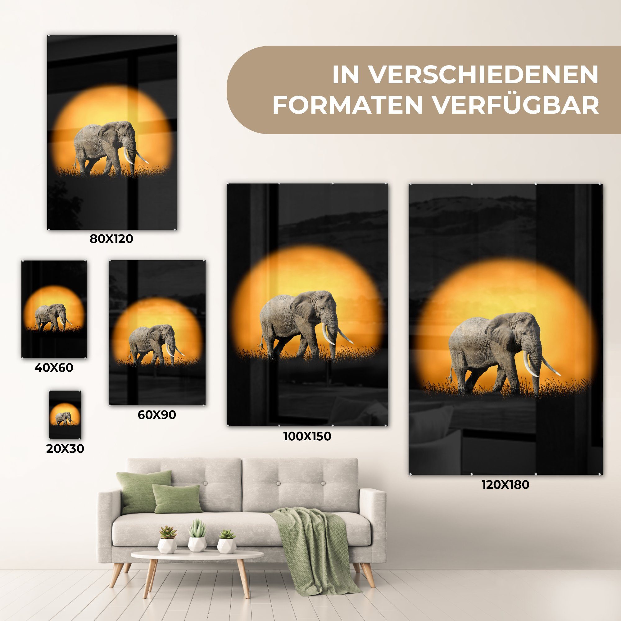 (1 Bilder Glas - MuchoWow St), Acrylglasbild Elefant auf Wanddekoration Sonne - Foto auf Glasbilder Glas Orange, - - Wandbild -