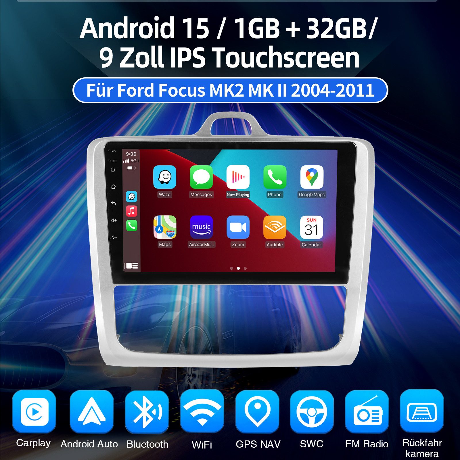 ESSGOO Für Ford Focus MK2 MK II 2004-11 Android 15 Autoradio Carplay Navi RDS Autoradio (DAB+ (optional), 4+64GB(optional), AM, FM, RDS, 4+128GB(optional), Apple Carplay & Android Auto,Bluetooth,ASP)