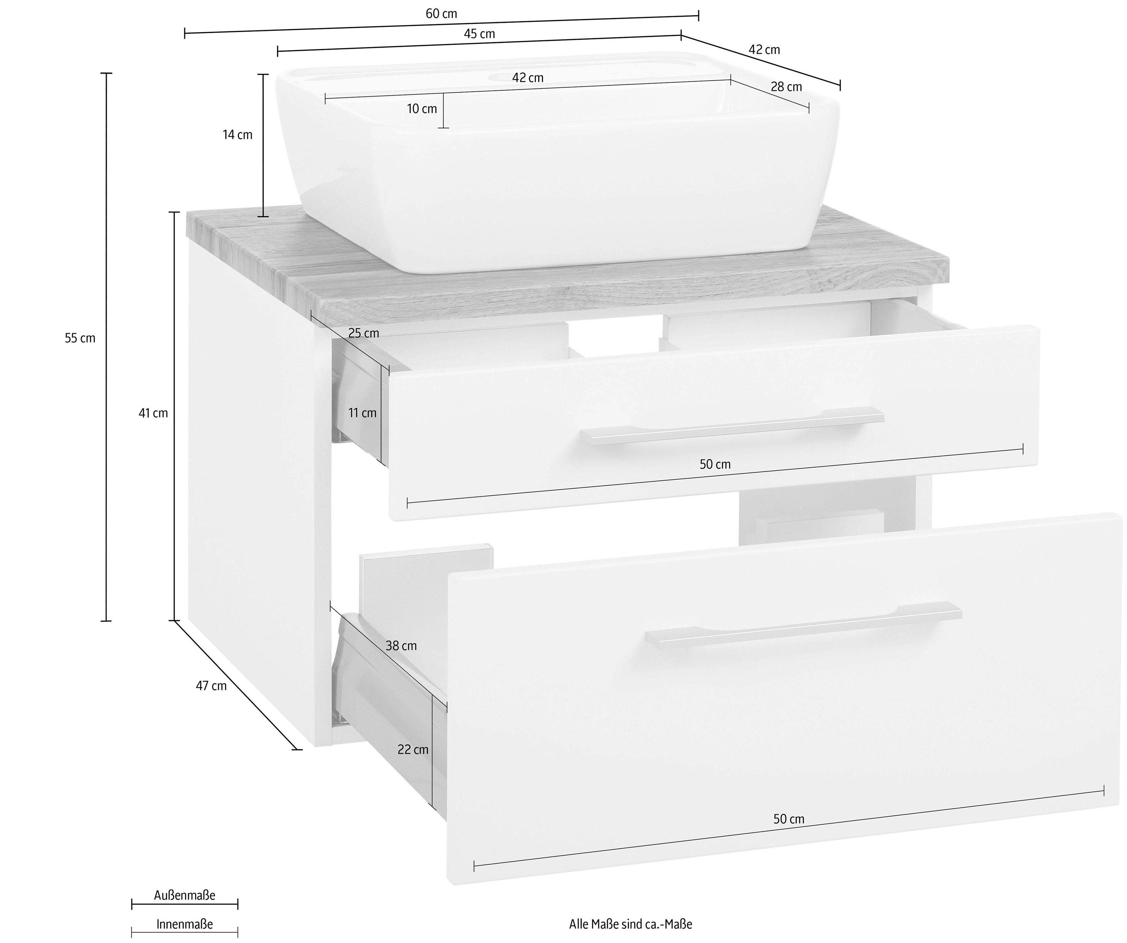 eichefarben Davos Waschbecken, inkl. eichefarben/eichefarben Waschtisch | Breite Waschbeckenunterschrank HELD Badmöbel, 60 cm MÖBEL