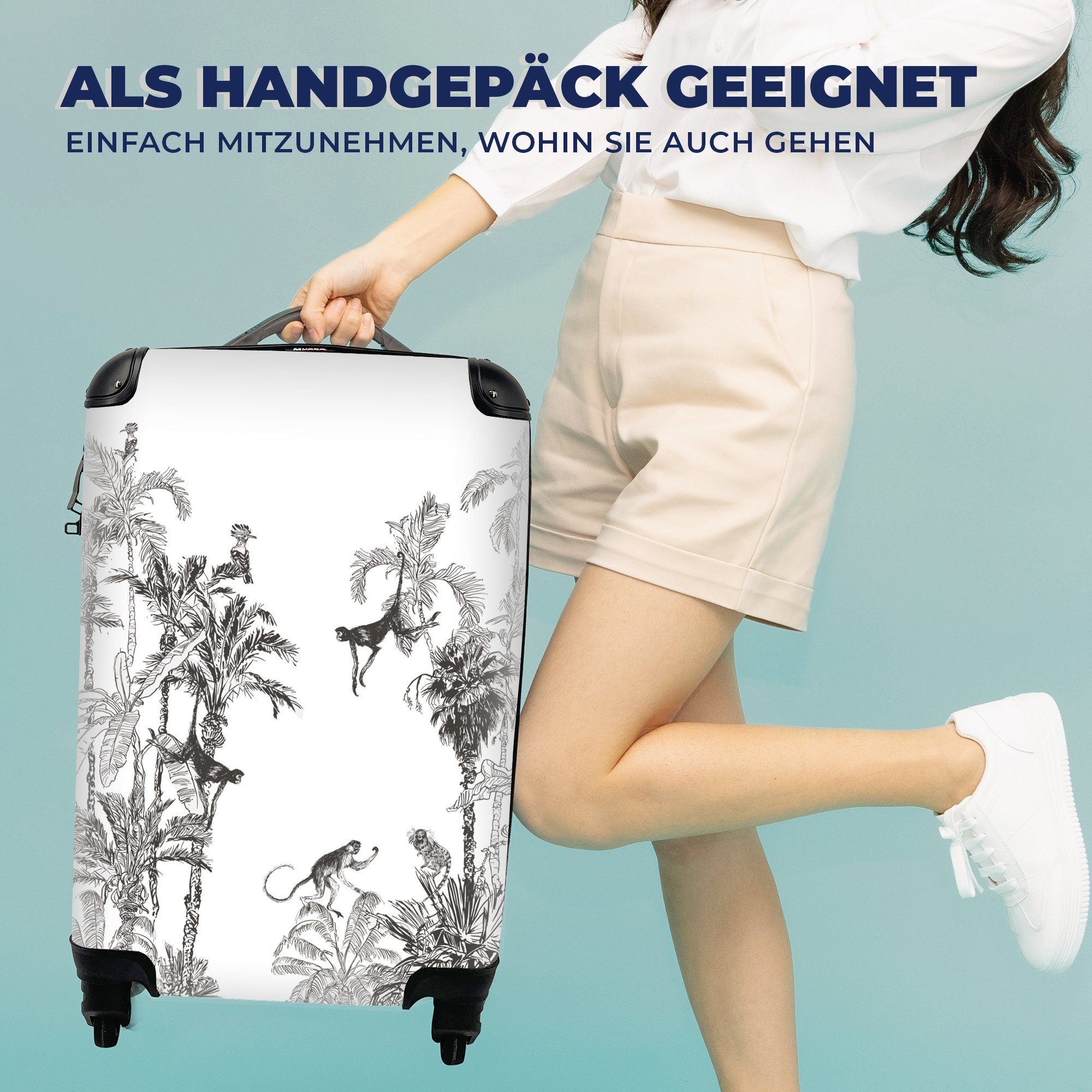 - Reisetasche rollen, - Trolley, MuchoWow Schwarz Handgepäckkoffer mit Handgepäck Weiß Affe, - Ferien, 4 Reisekoffer für Dschungel Rollen,