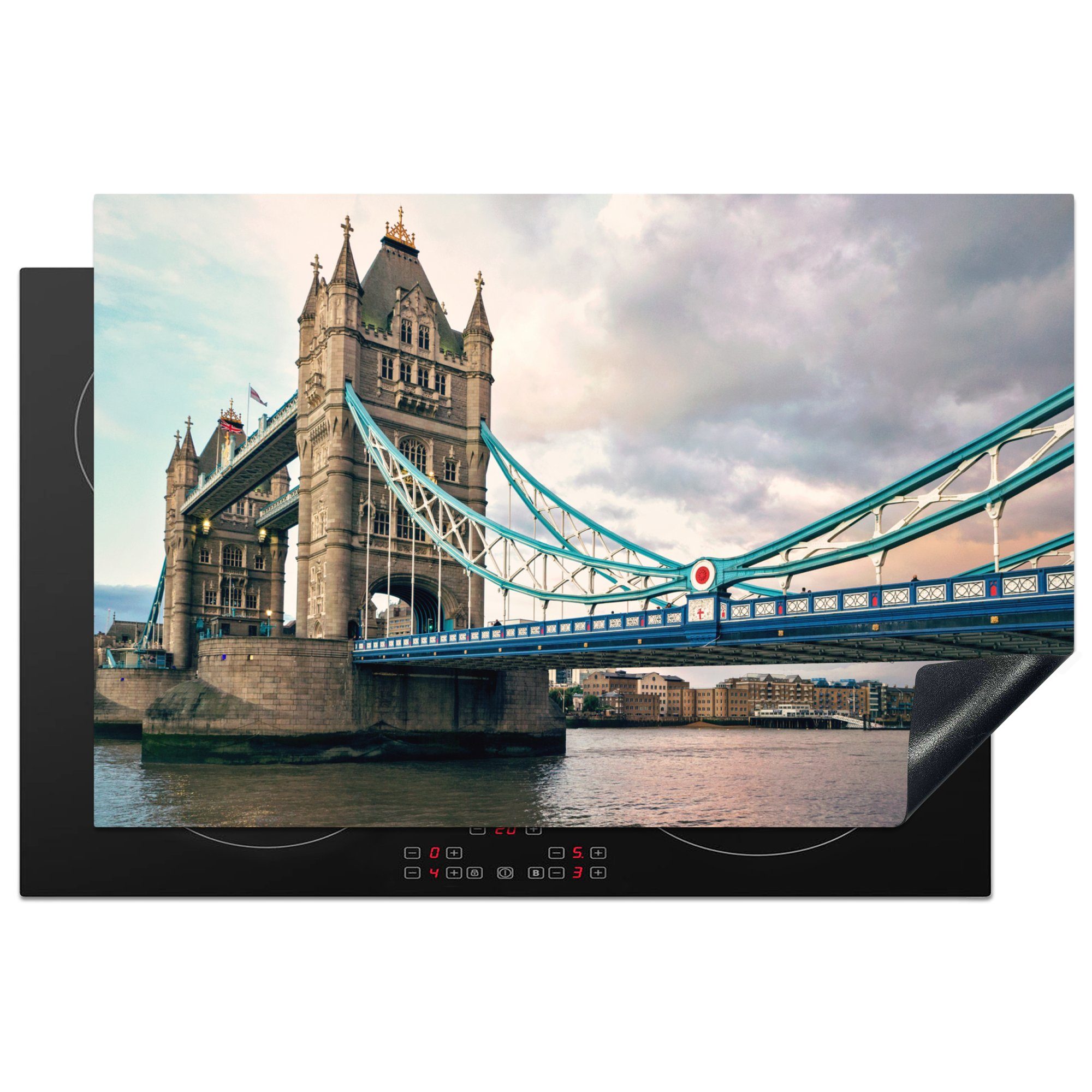 MuchoWow Herdblende-/Abdeckplatte Nahaufnahme der Tower Bridge in London, Vinyl, (1 tlg), 81x52 cm, Induktionskochfeld Schutz für die küche, Ceranfeldabdeckung