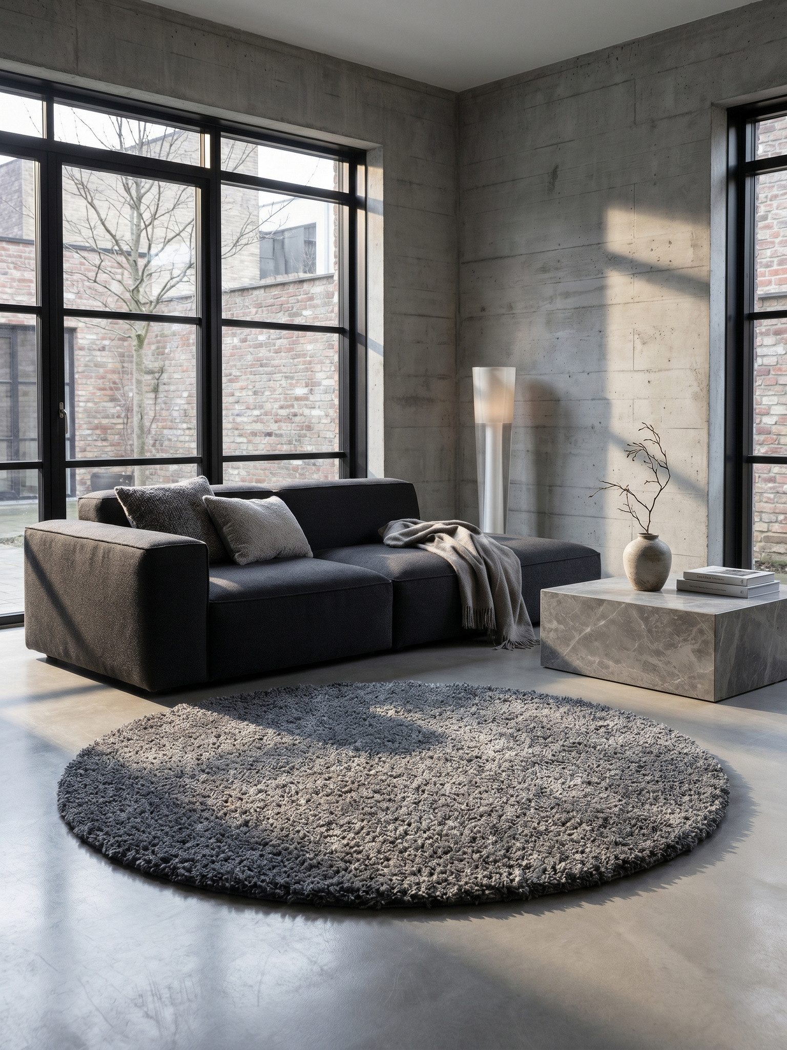 KADIMA DESIGN Teppich RHEIN Shaggy Langflor Wohnzimmer Schlafzimmer Waschbar Einfarbig, Rund, Höhe: 32 mm, Grau, 80x80 cm, Wohnzimmerteppich Strapazierfähig Waschbar
